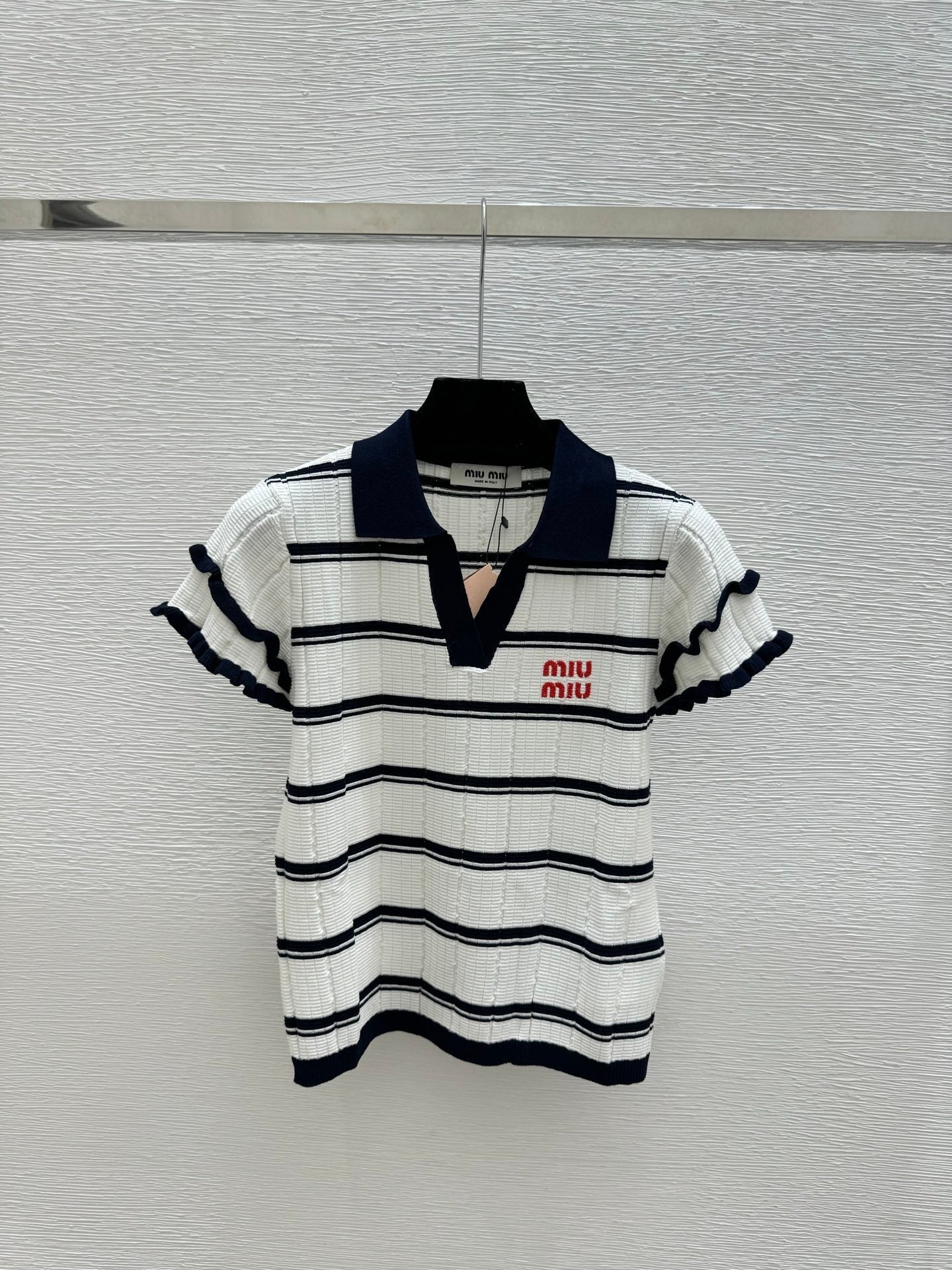 Miumiu 2026 Striped Knit Short-sleeved Top With Peter Pan Collar 258872