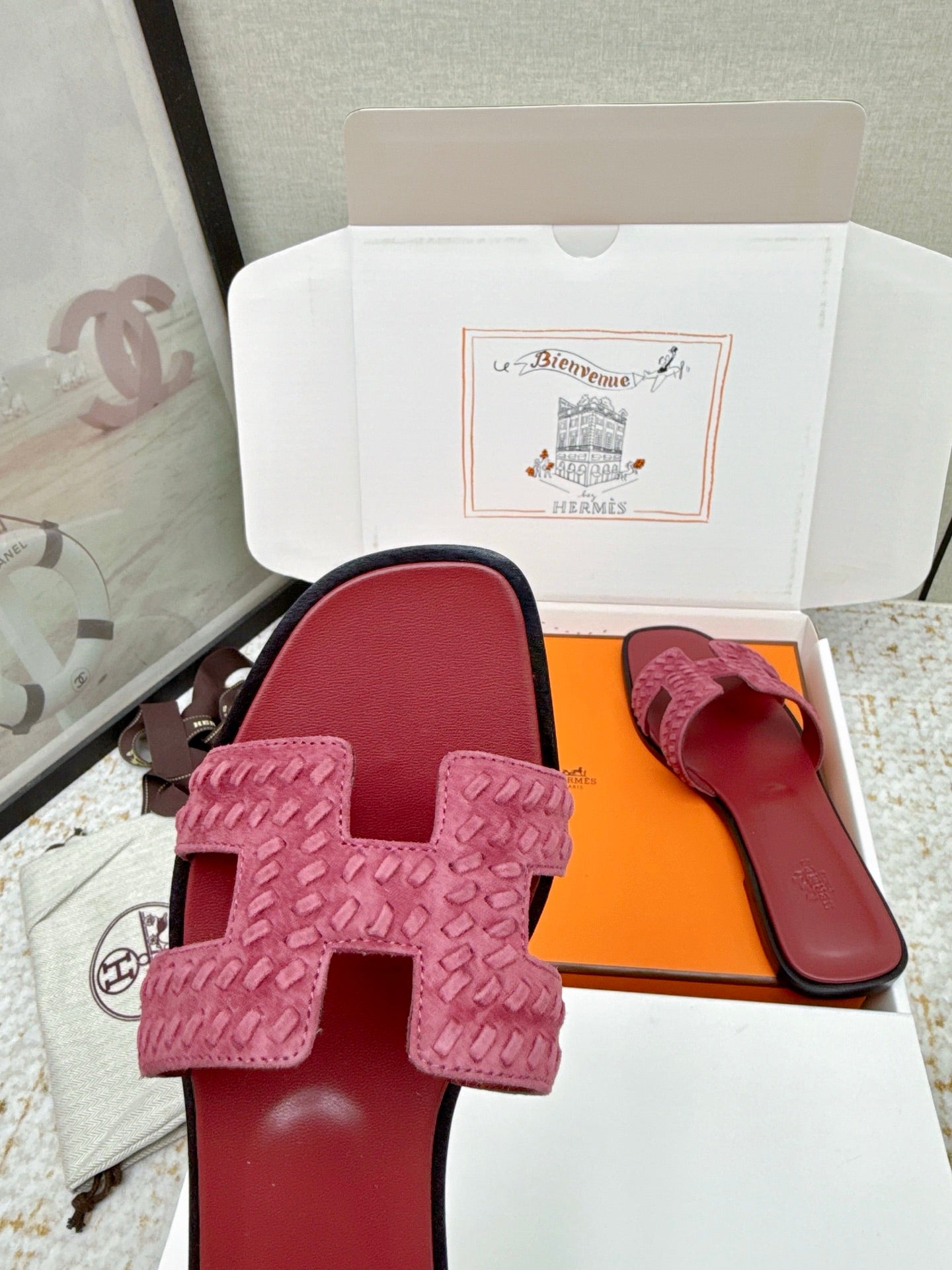 HM 26ss Oran Sandals Dark Pink Suede Sheepskin 625137