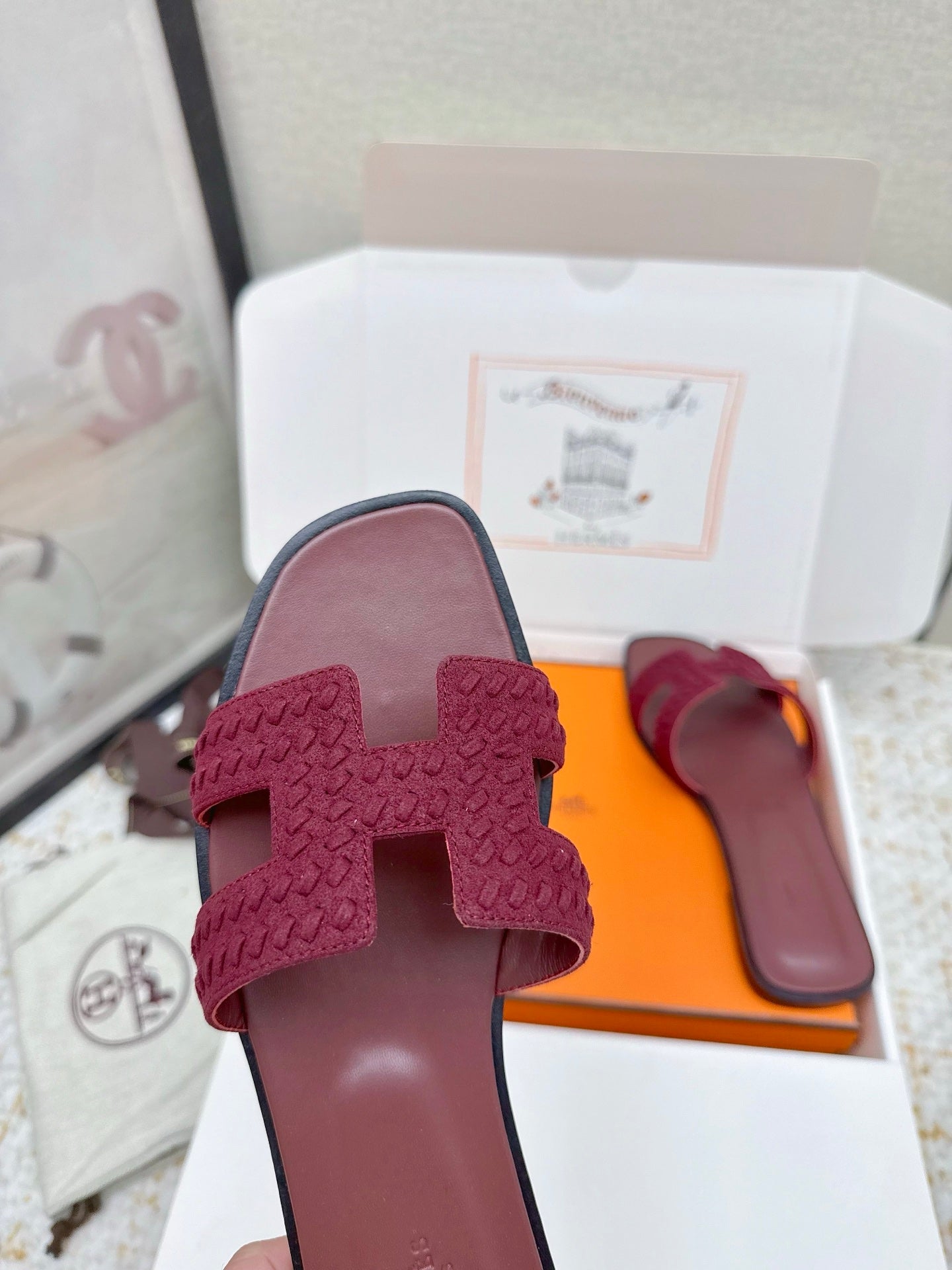 HM 26ss Oran Sandals Burgundy Suede Sheepskin 625139