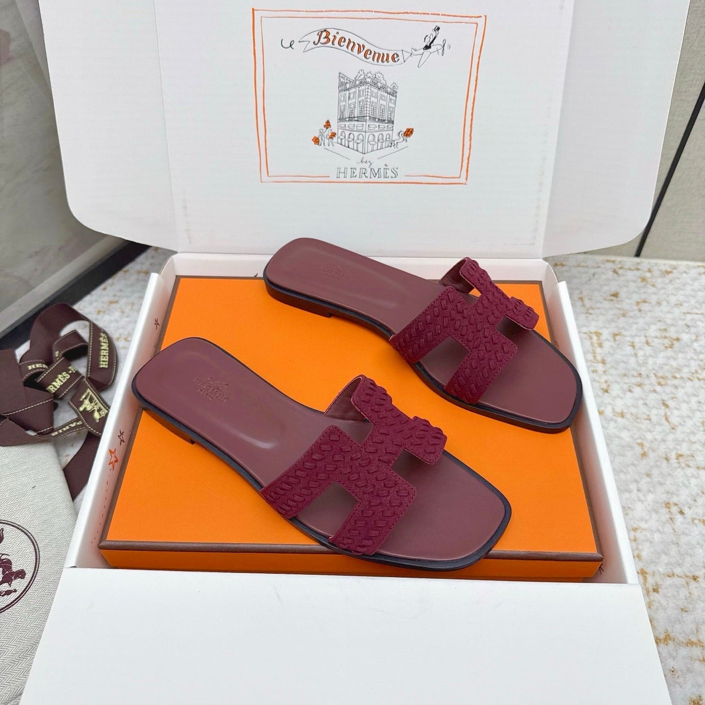 HM 26ss Oran Sandals Burgundy Suede Sheepskin 625139