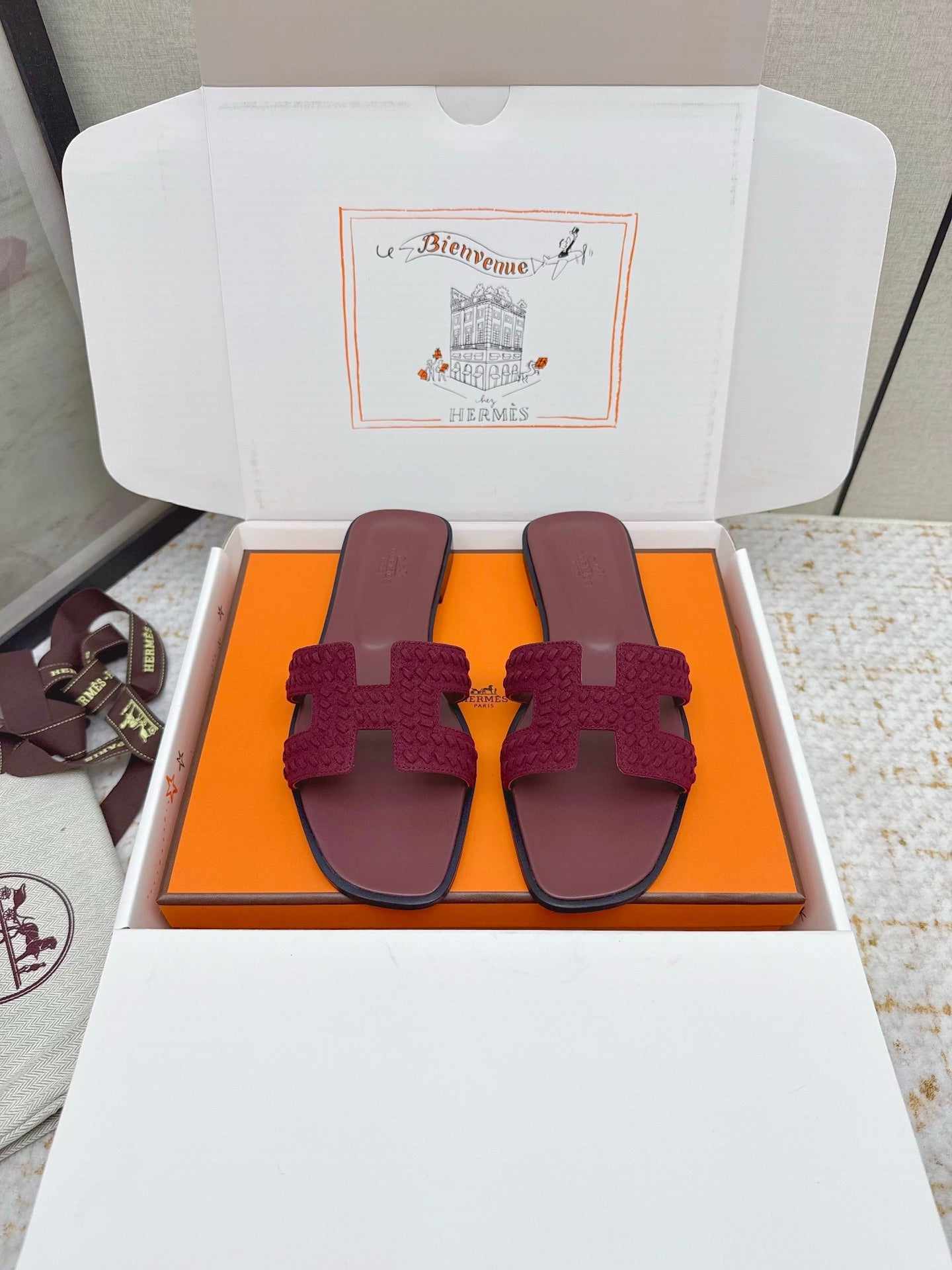 HM 26ss Oran Sandals Burgundy Suede Sheepskin 625139