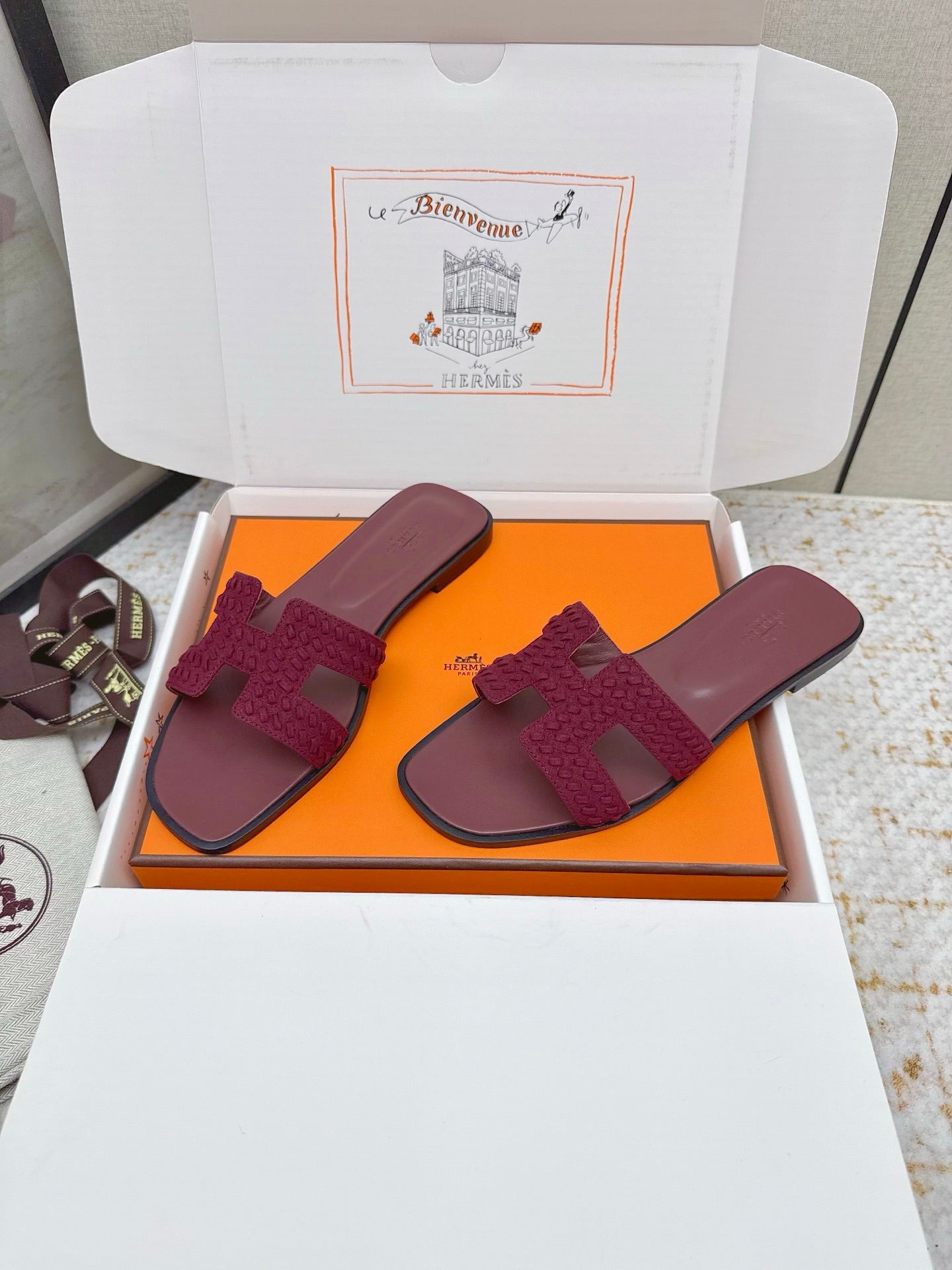 HM 26ss Oran Sandals Burgundy Suede Sheepskin 625139