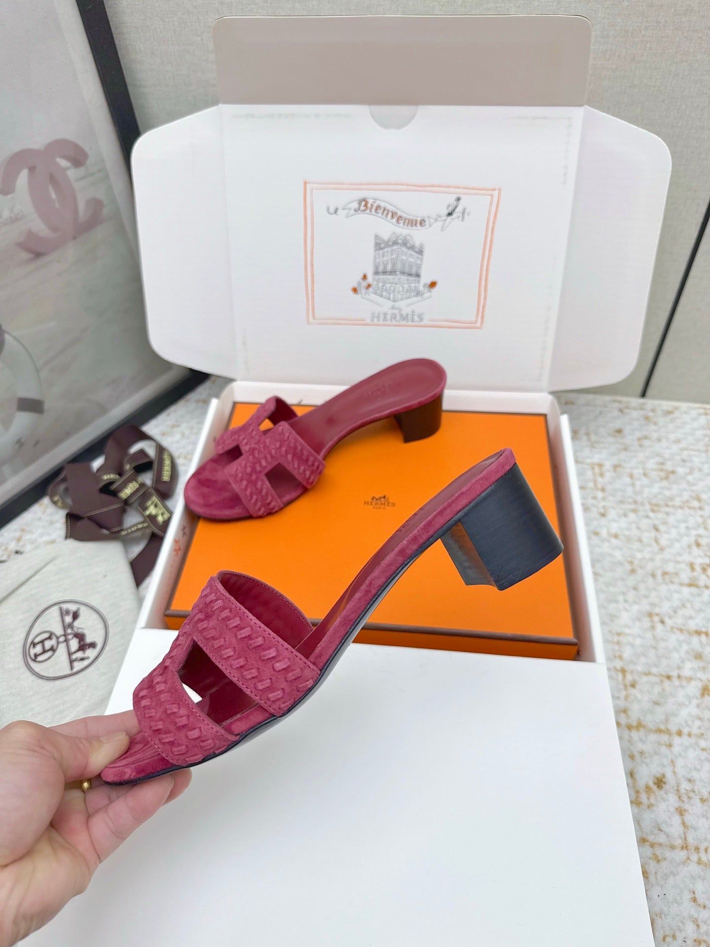 HM 26ss Oran Sandals 50 Dark Pink Suede Sheepskin 625142