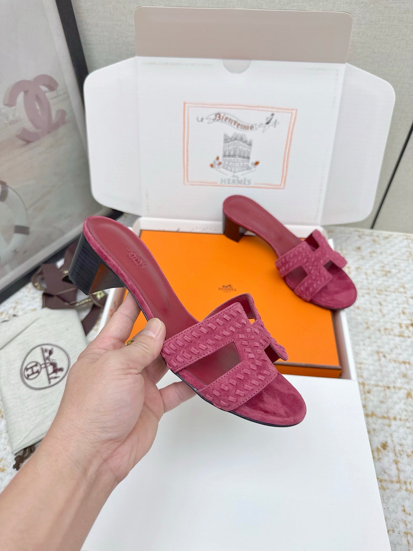 HM 26ss Oran Sandals 50 Dark Pink Suede Sheepskin 625142