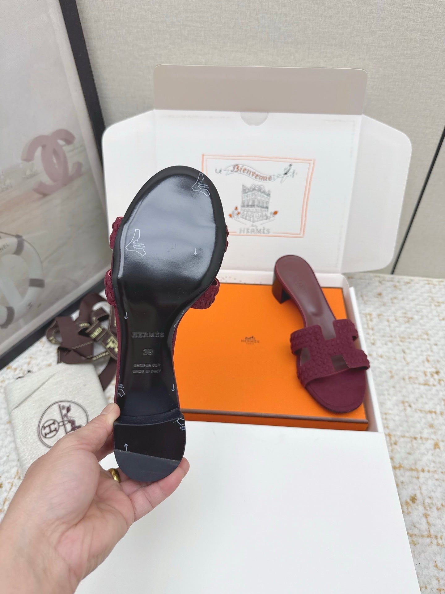 HM 26ss Oran Sandals 50 Burgundy Suede Sheepskin 625144