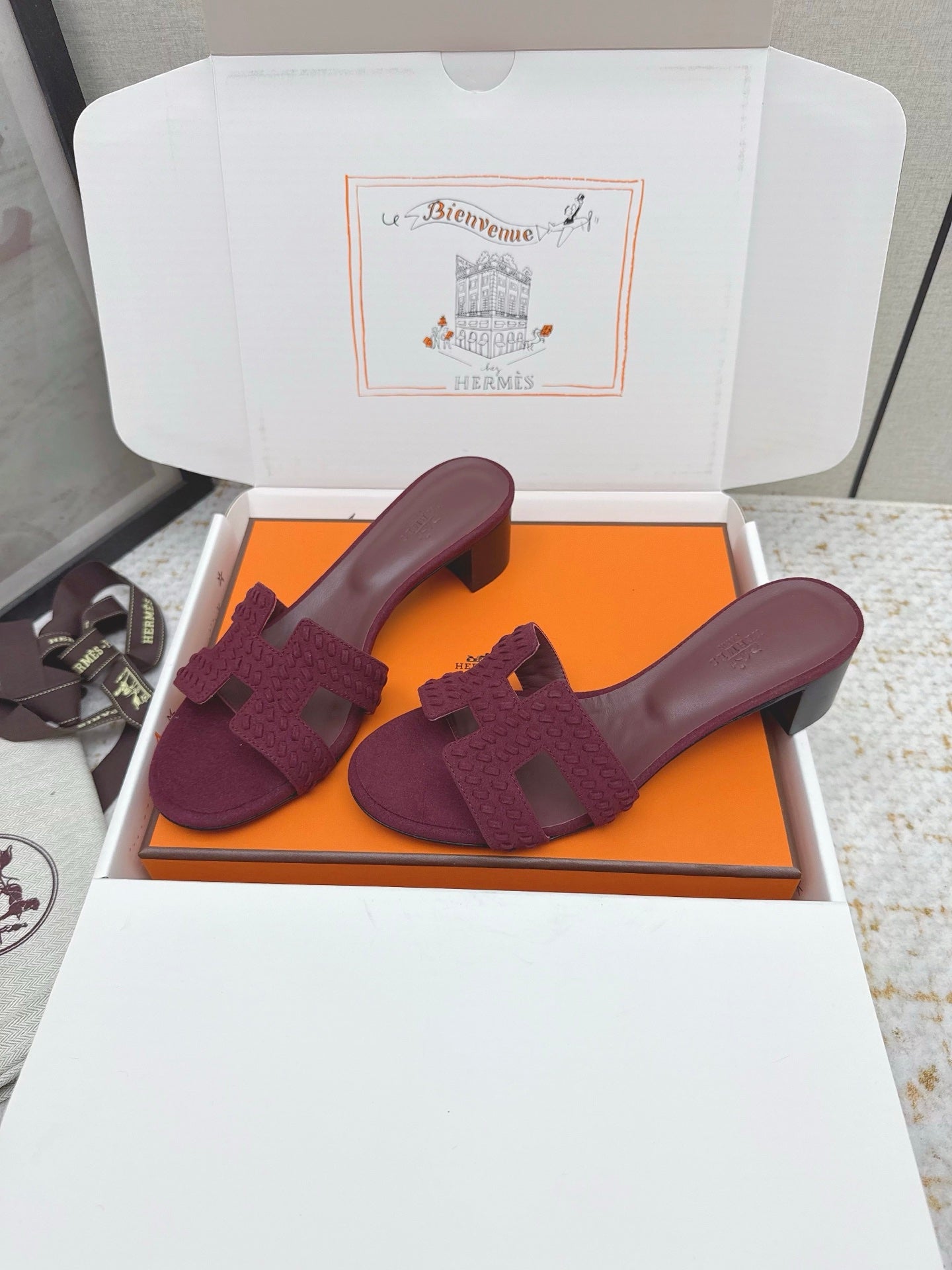 HM 26ss Oran Sandals 50 Burgundy Suede Sheepskin 625144