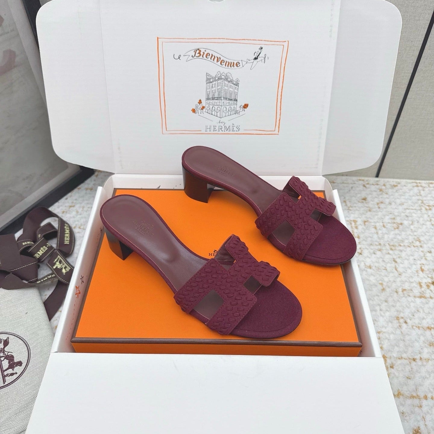 HM 26ss Oran Sandals 50 Burgundy Suede Sheepskin 625144