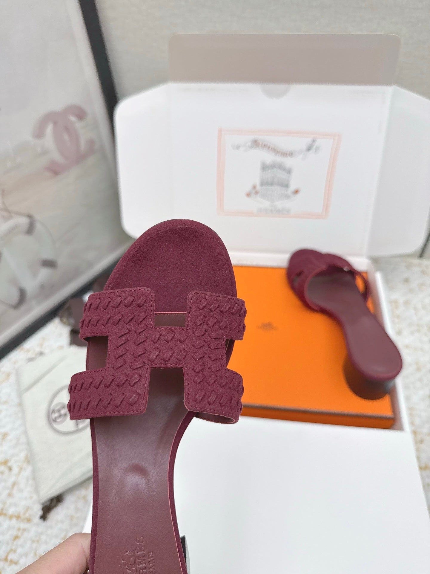 HM 26ss Oran Sandals 50 Burgundy Suede Sheepskin 625144