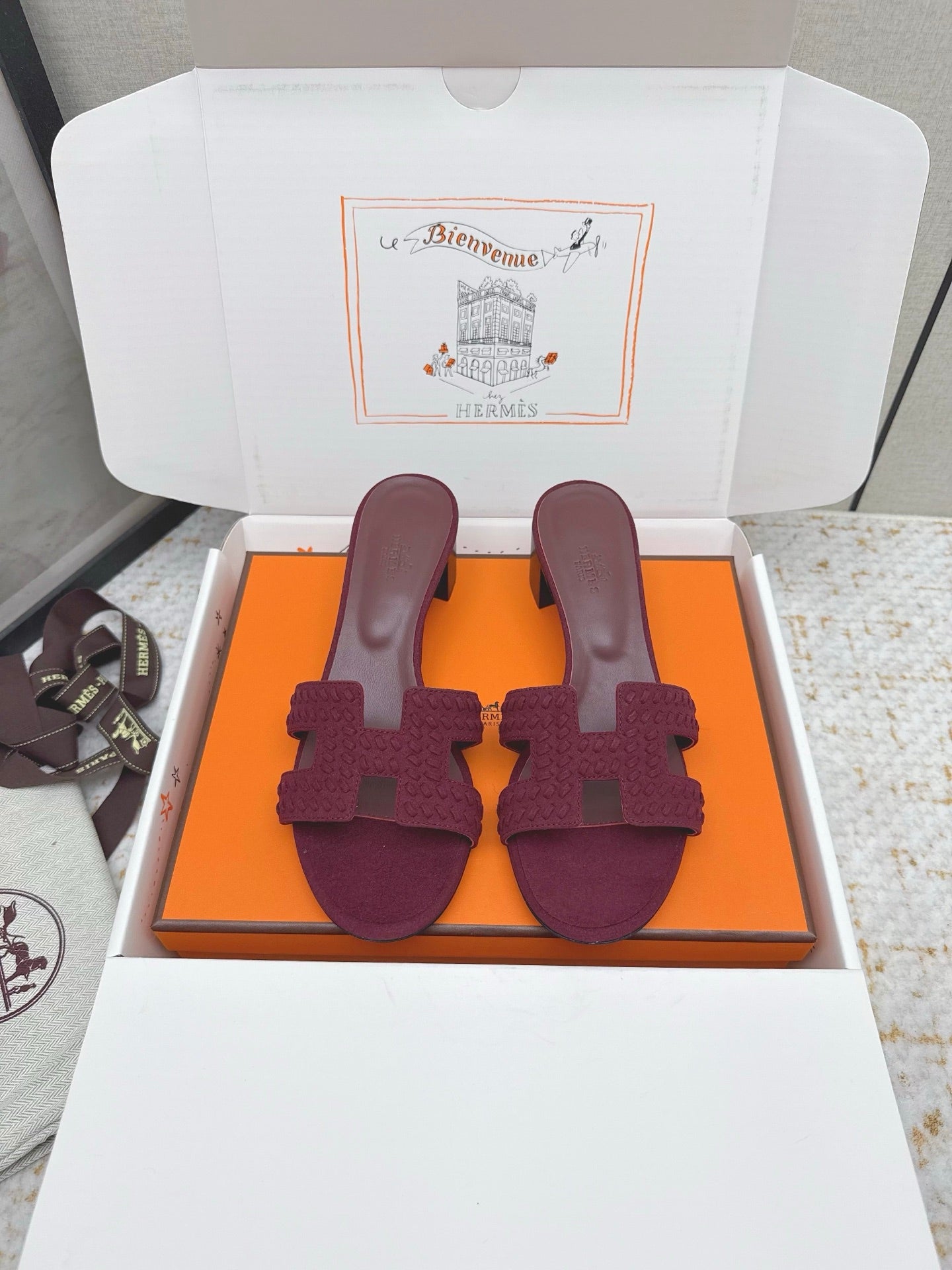 HM 26ss Oran Sandals 50 Burgundy Suede Sheepskin 625144