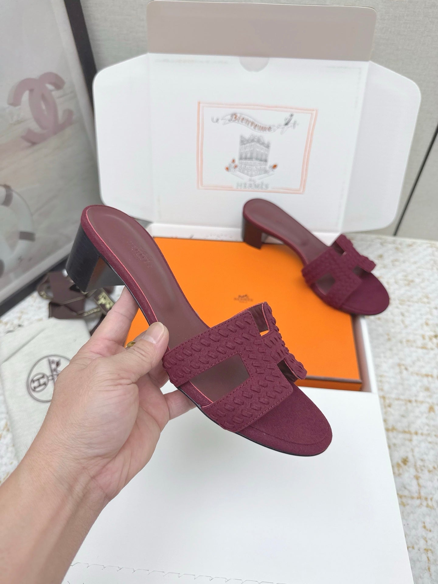 HM 26ss Oran Sandals 50 Burgundy Suede Sheepskin 625144