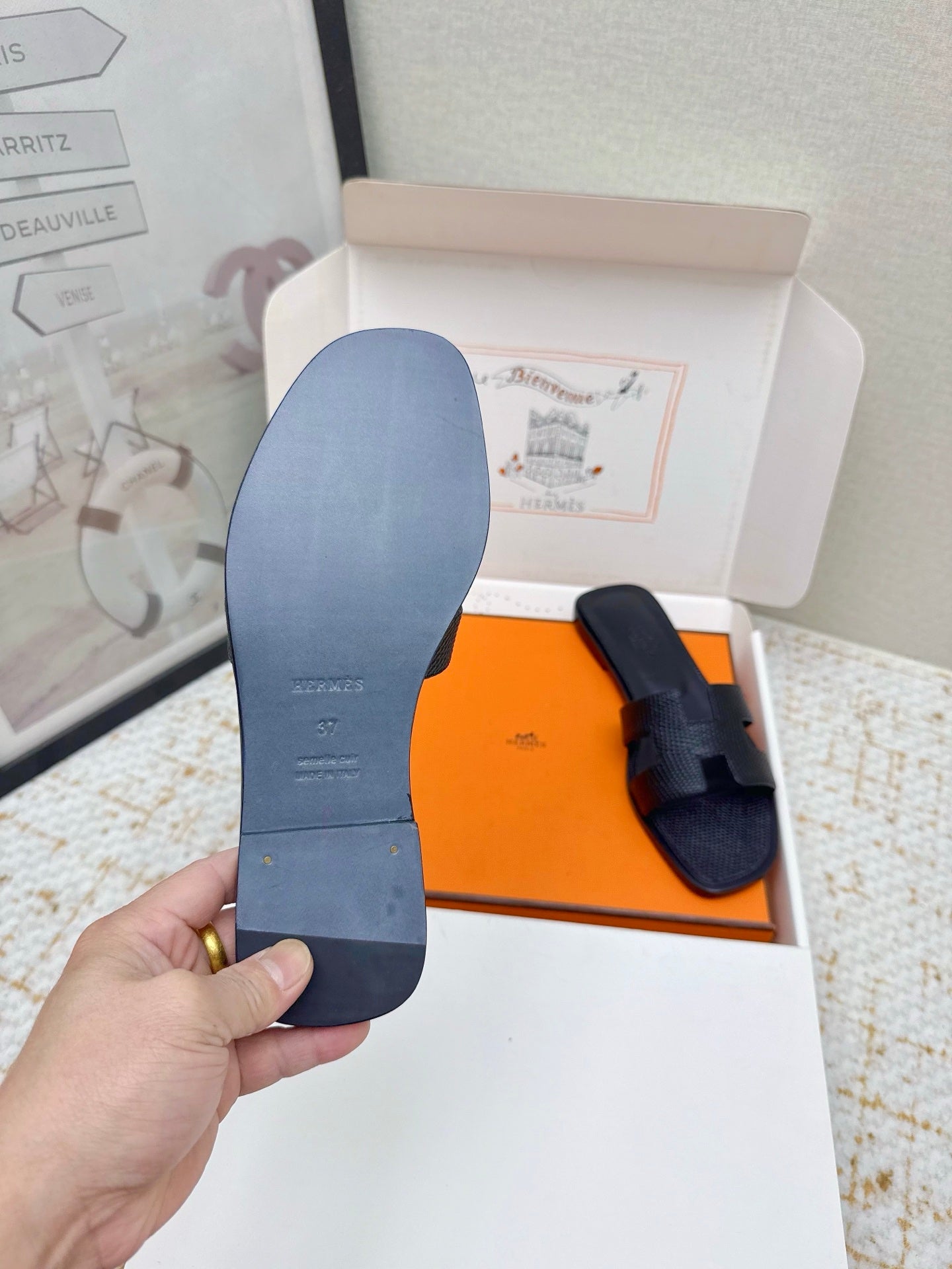 HM 26ss Oran Sandals Navy Blue Cowhide 625038