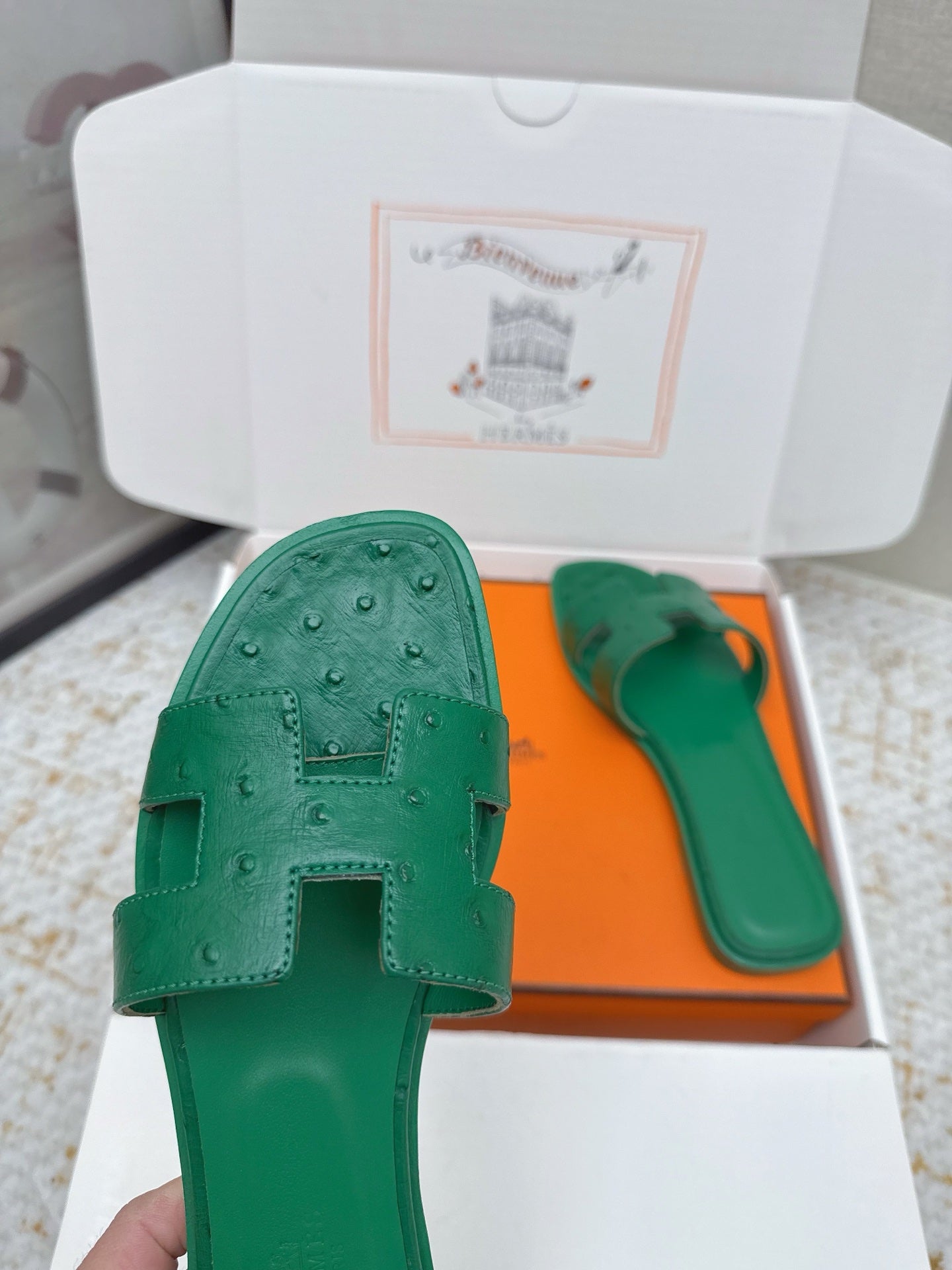 HM 26ss Oran Sandals Green Ostrich Leather 625102