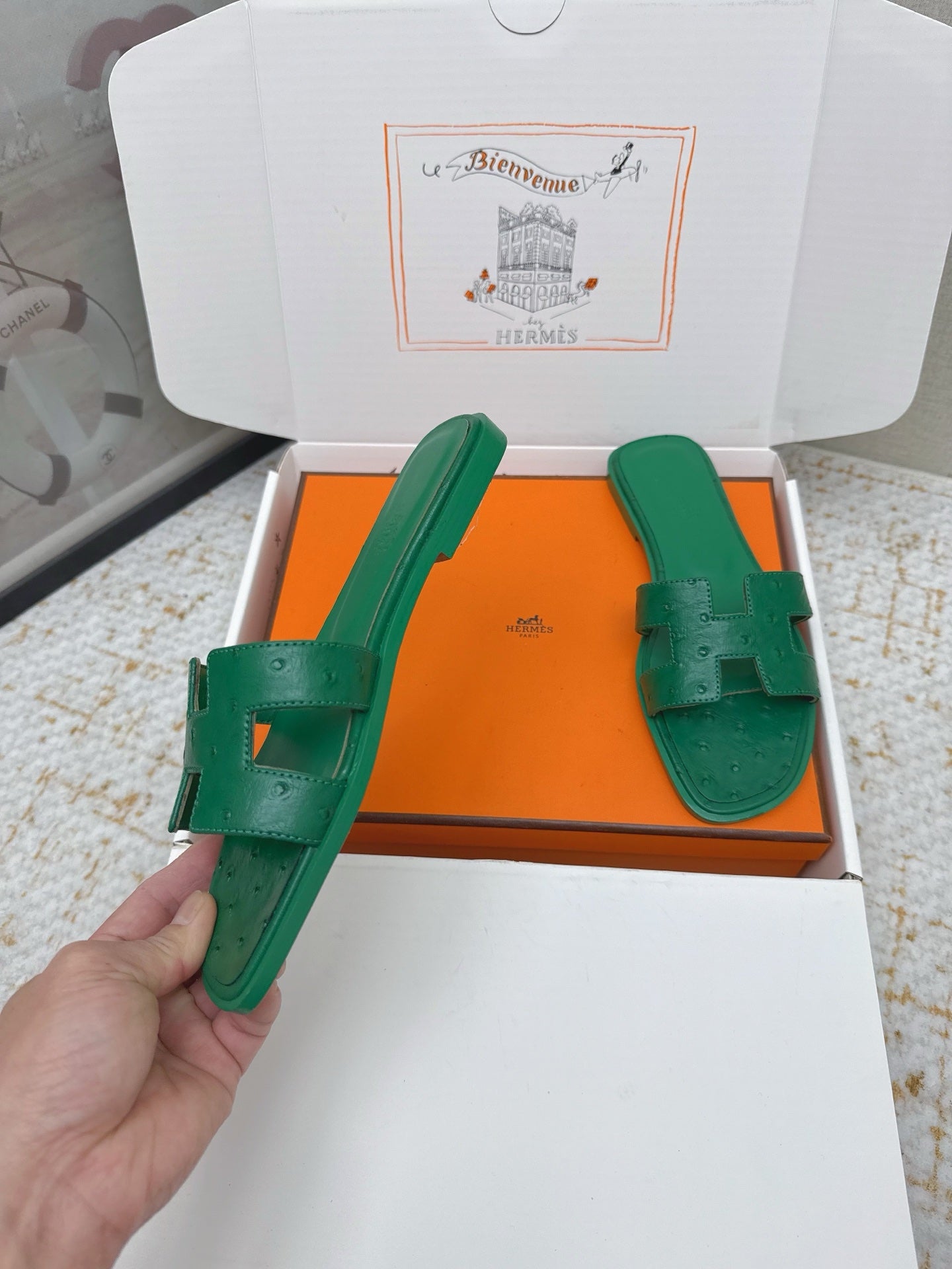 HM 26ss Oran Sandals Green Ostrich Leather 625102