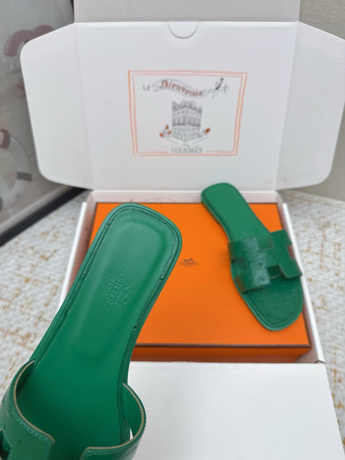 HM 26ss Oran Sandals Green Ostrich Leather 625102