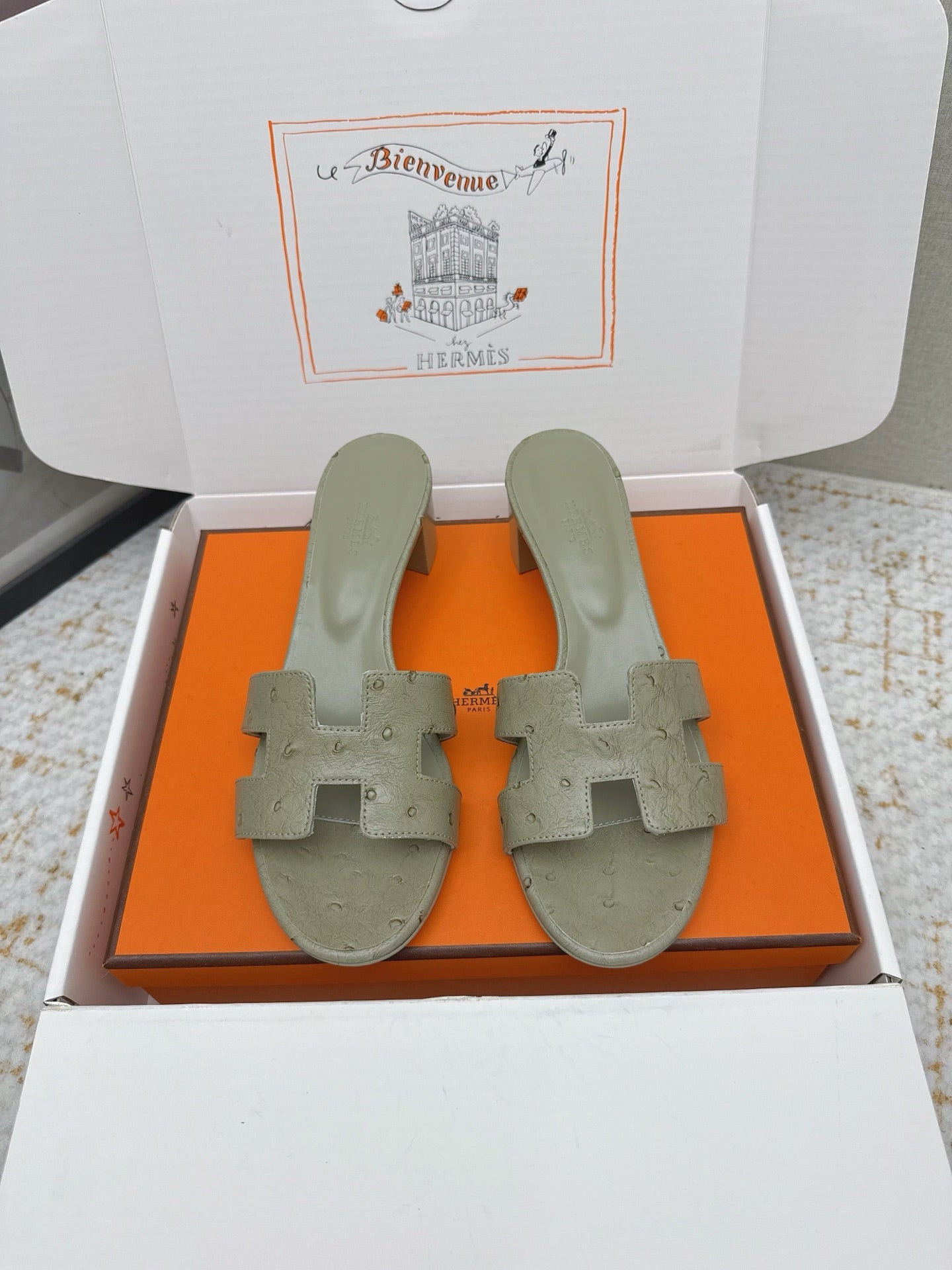 HM 26ss Oran Sandals 50 Sage Green Ostrich Leather 625126