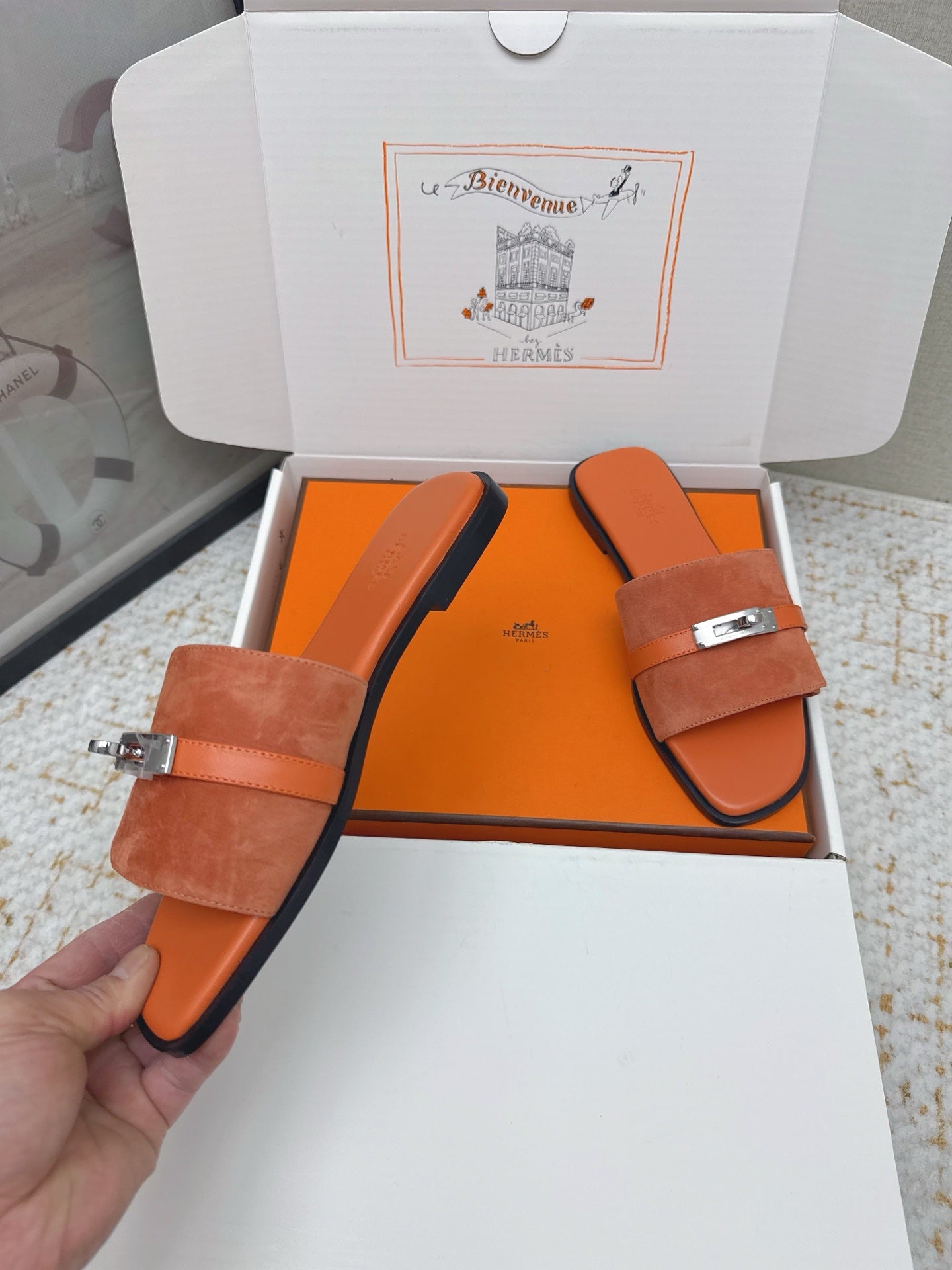 HM 26ss Oasis Sandals Orange Suede Cowhide 625176