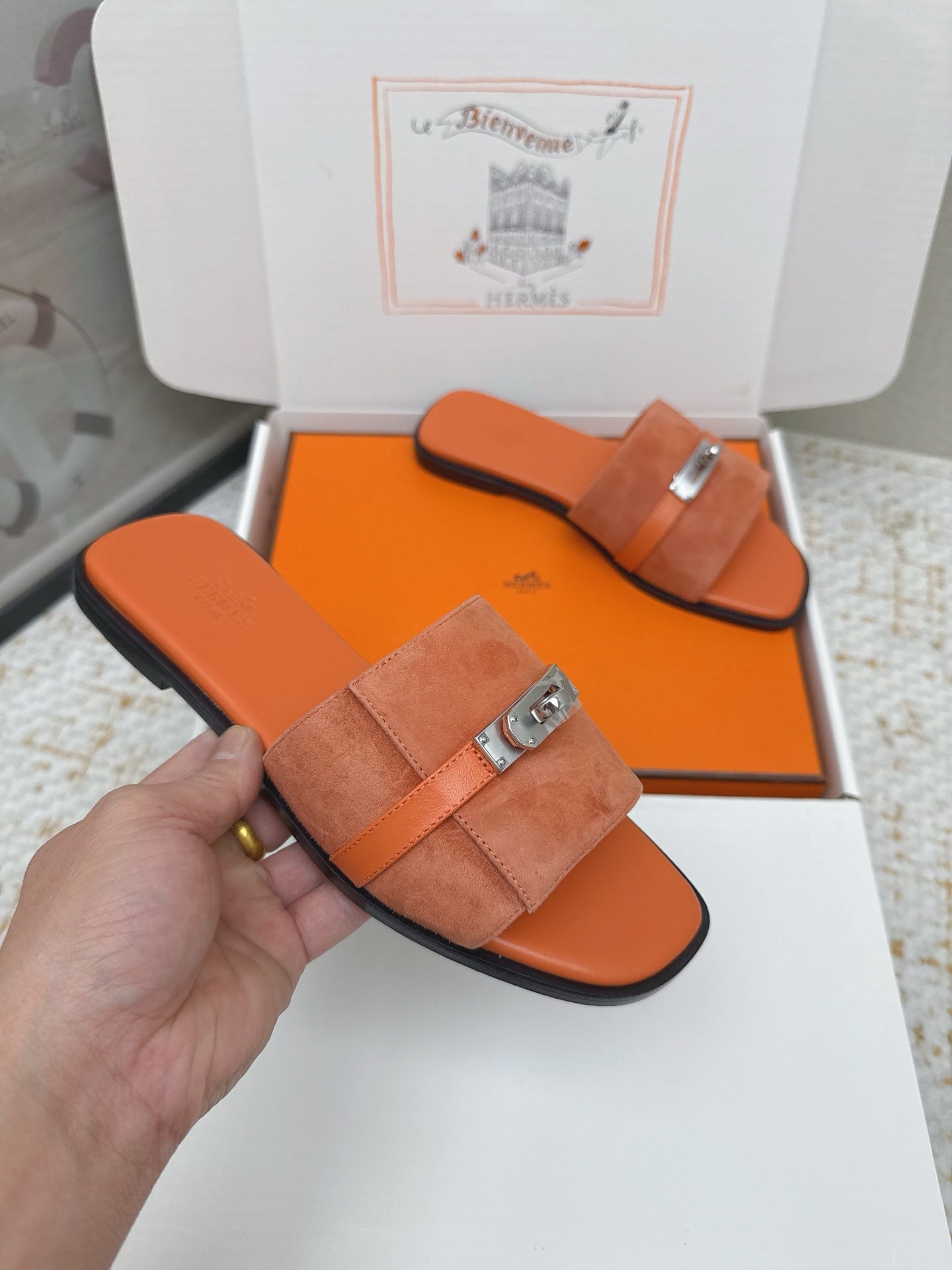 HM 26ss Oasis Sandals Orange Suede Cowhide 625176