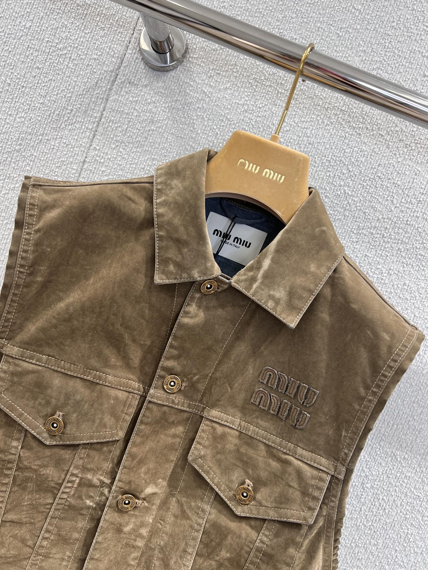 Miumiu 2026 Denim Short Vest Jacket Brown Cotton