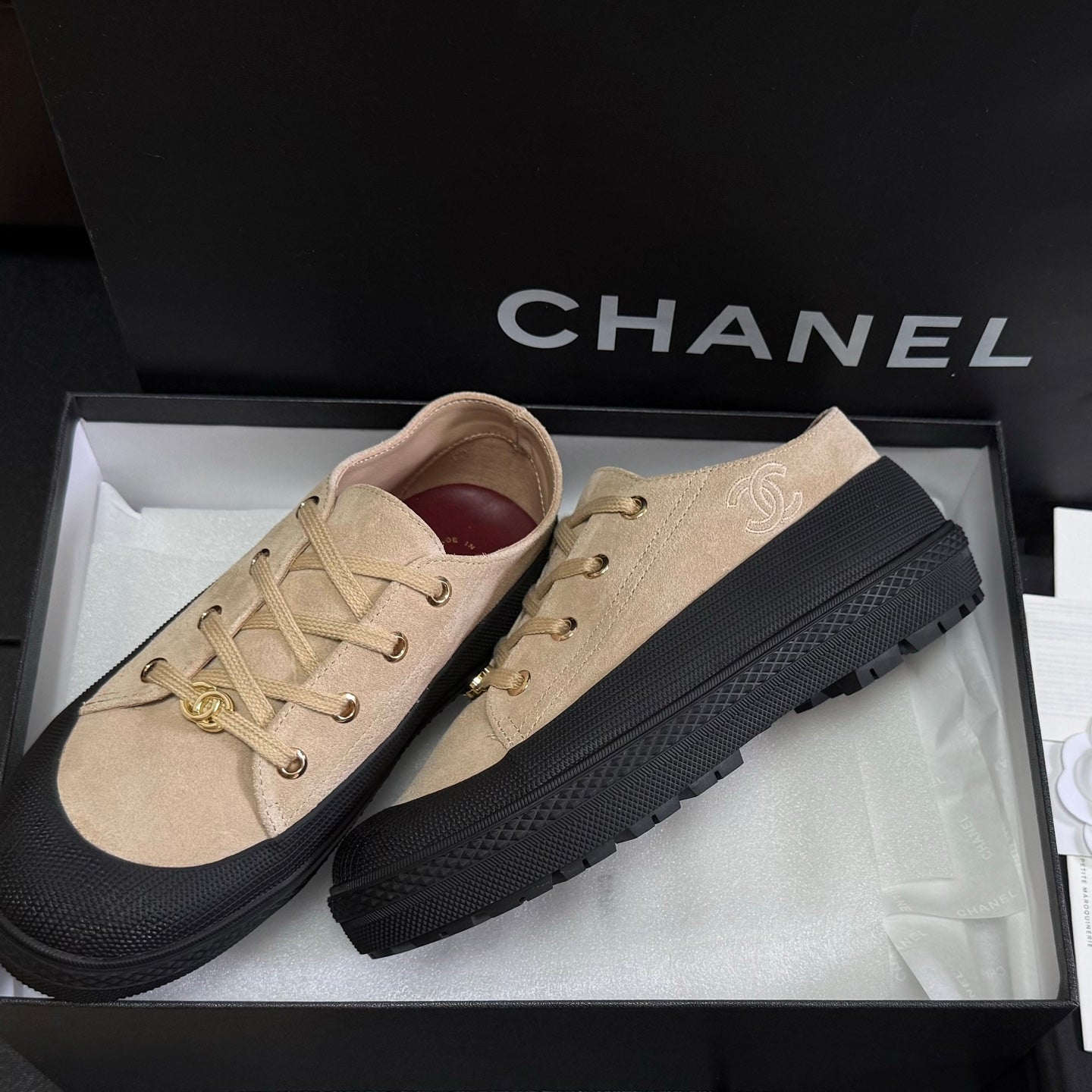 Chanel 2026 Sneakers Beige Black Suede 943012