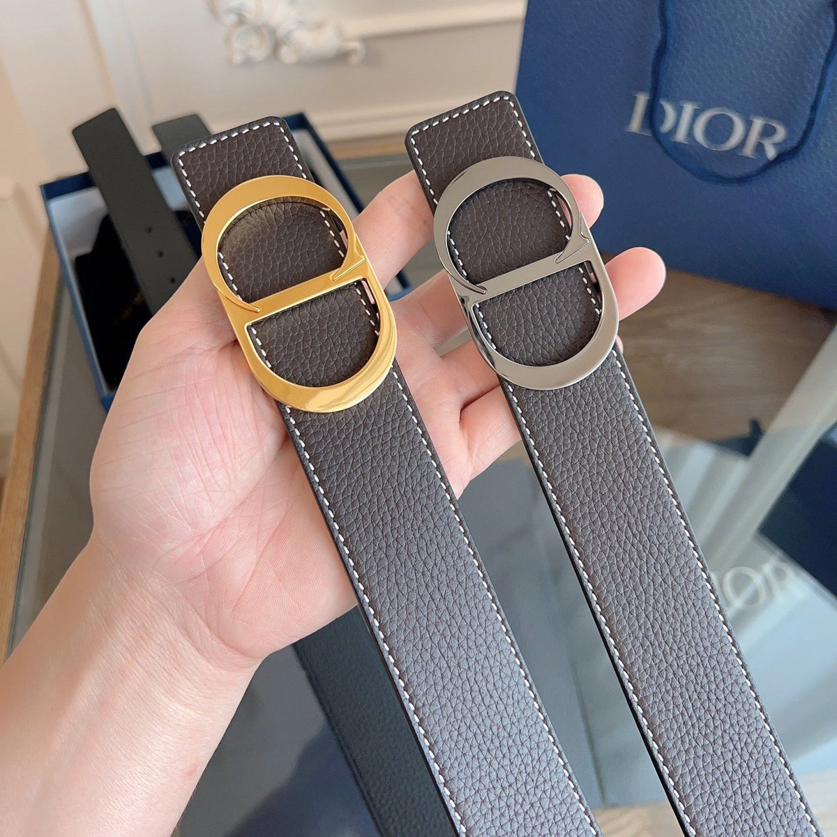 Dior 2026 CD Icon Grained Belt 35mm Brown Leather 189410