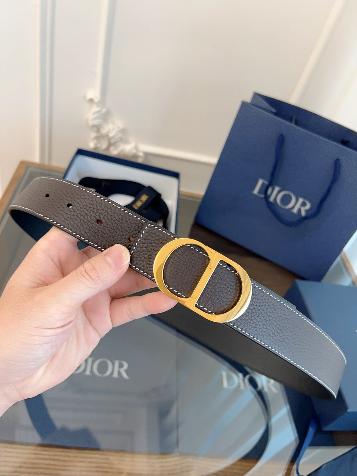 Dior 2026 CD Icon Grained Belt 35mm Brown Leather 189410