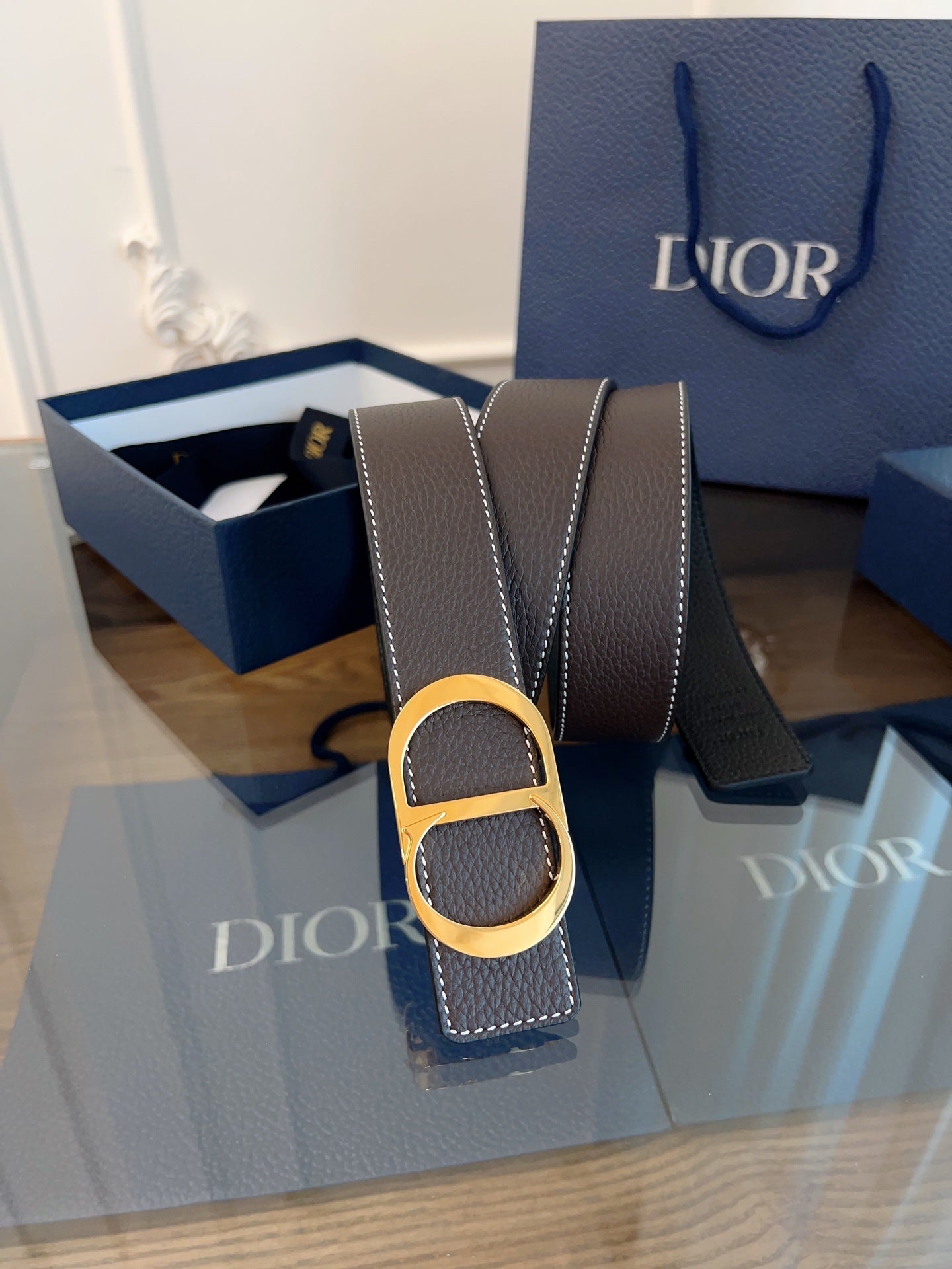 Dior 2026 CD Icon Grained Belt 35mm Brown Leather 189410