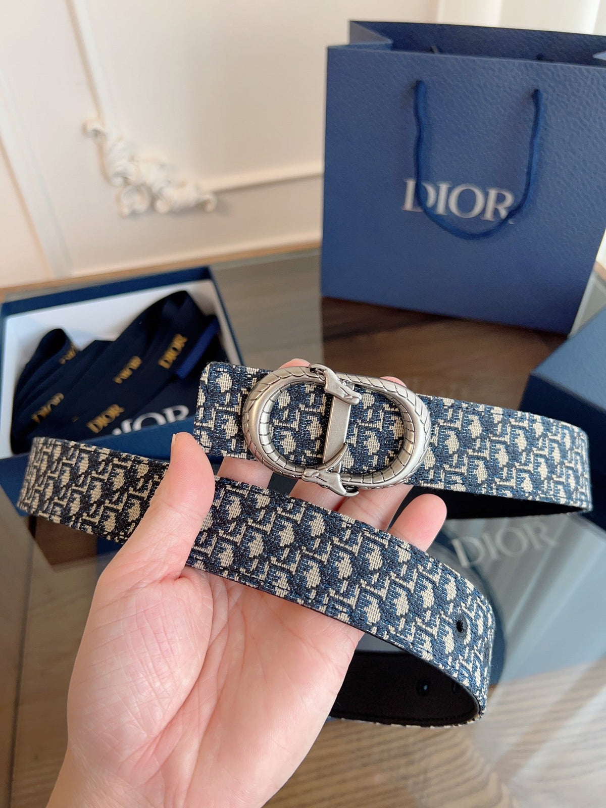 Dior 2026 Oblique Jacquard Belt 35mm Blue Canvas 189412