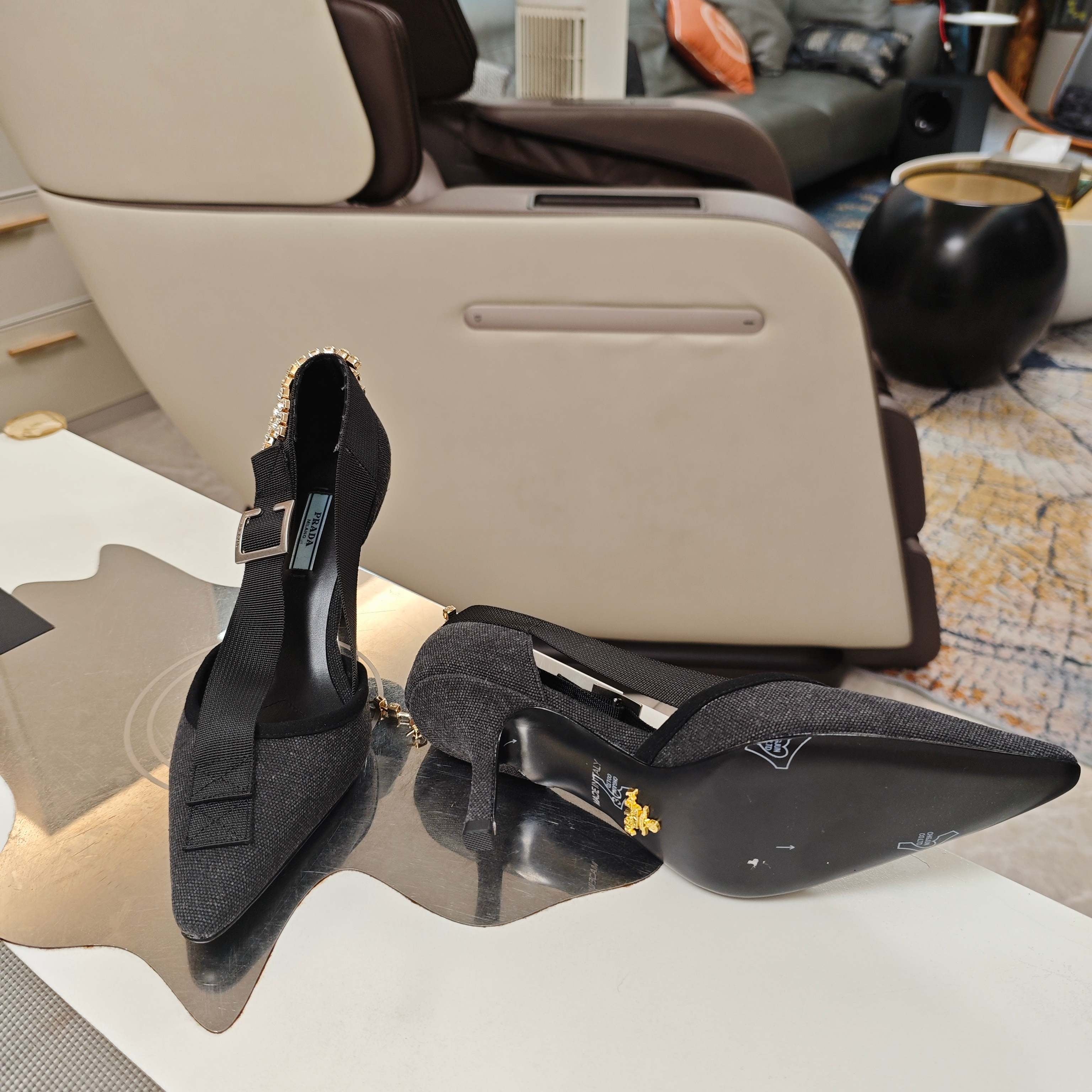 PRA 26S High Heel Pump 70 Black Canvas Rhinestones 630568