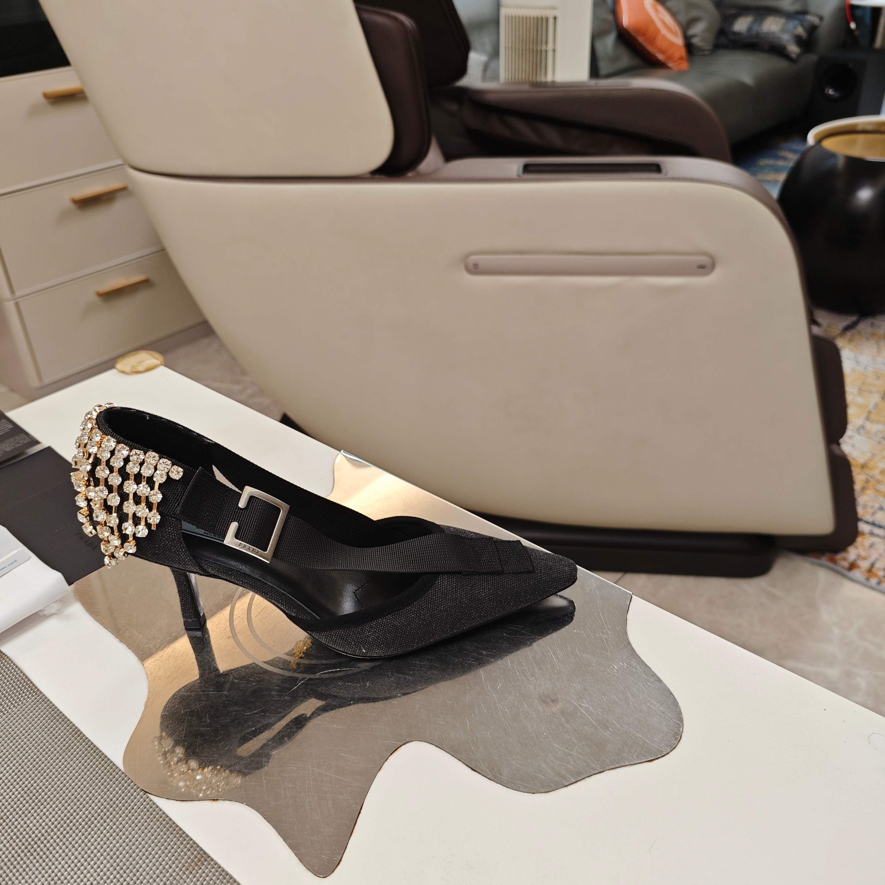 PRA 26S High Heel Pump 70 Black Canvas Rhinestones 630568