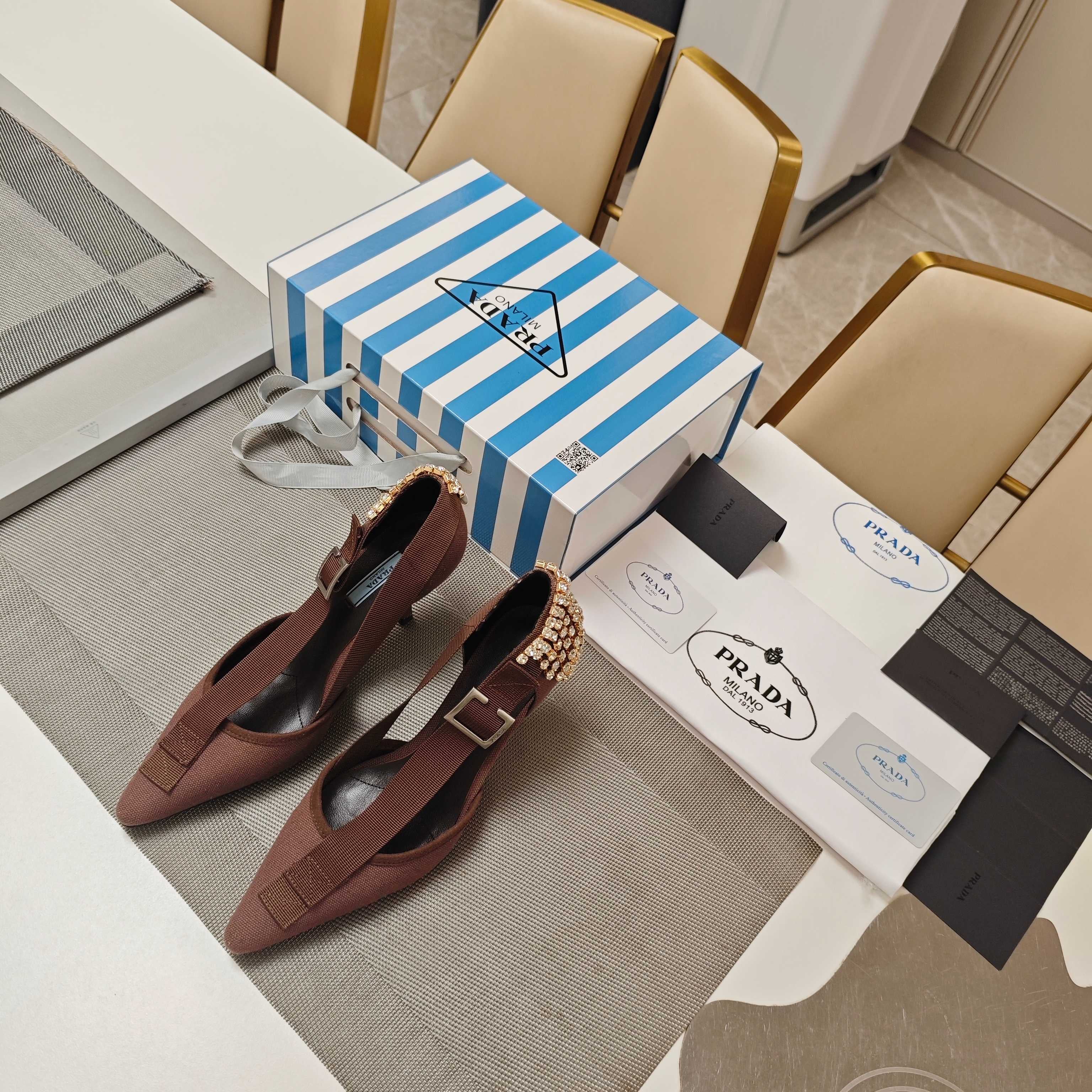 PRA 26S High Heel Pump 70 Brown Canvas Rhinestones 630569