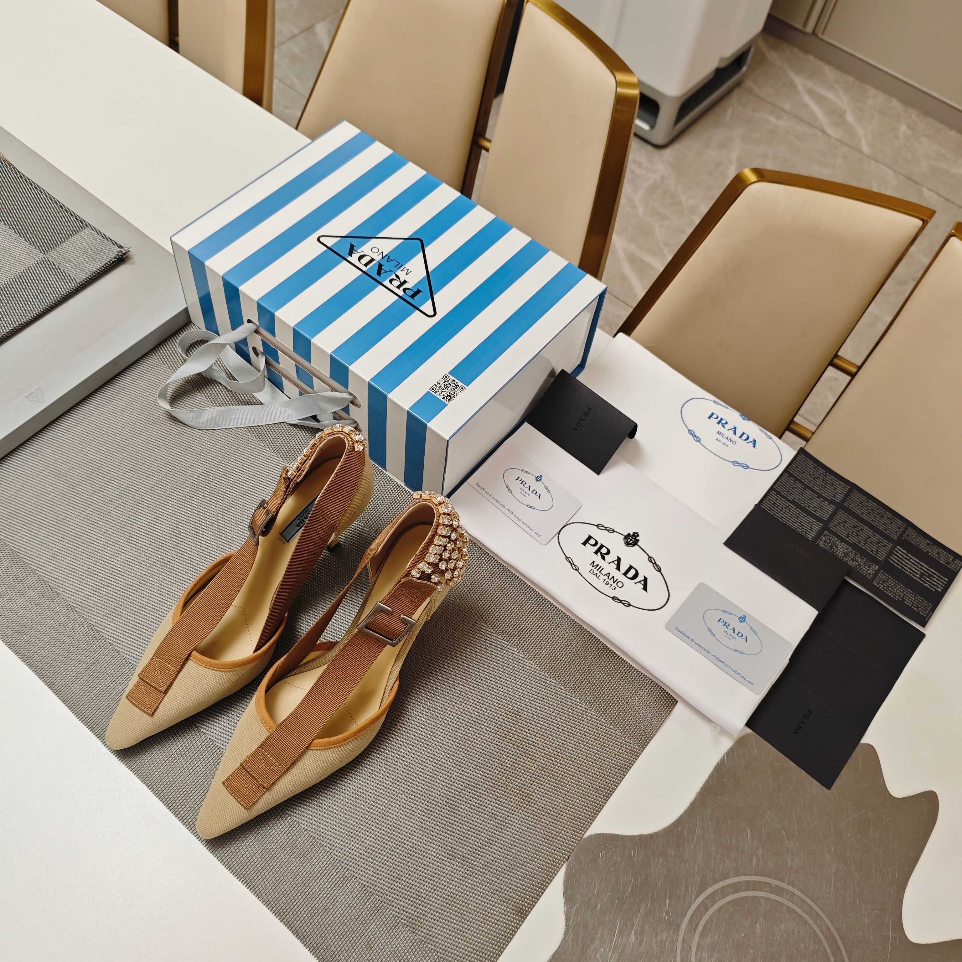 PRA 26S High Heel Pump 70 Beige Brown Canvas Rhinestones 630570