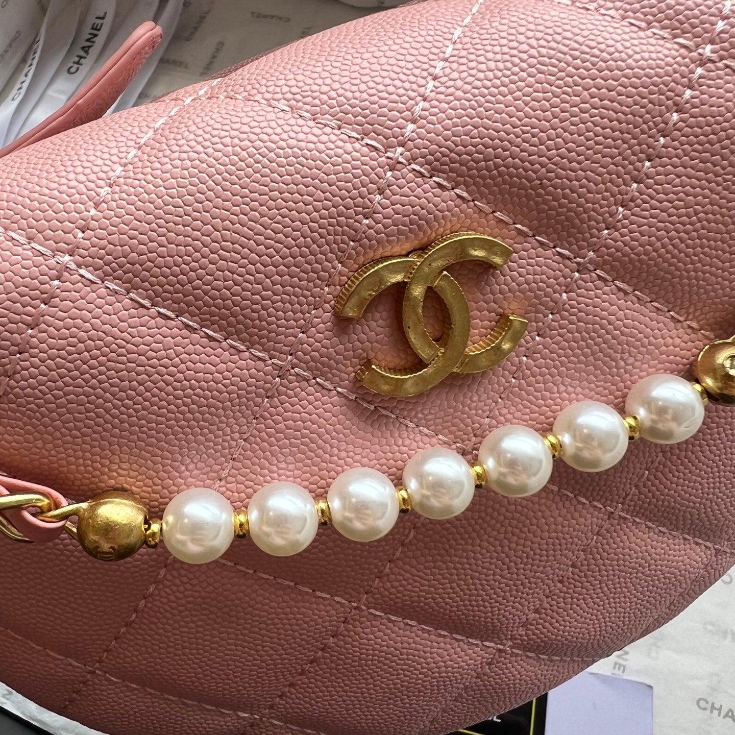Chanel 2026 Quilted Pearl Chain Pouch Hobo Bag 19cm Grained Calfskin