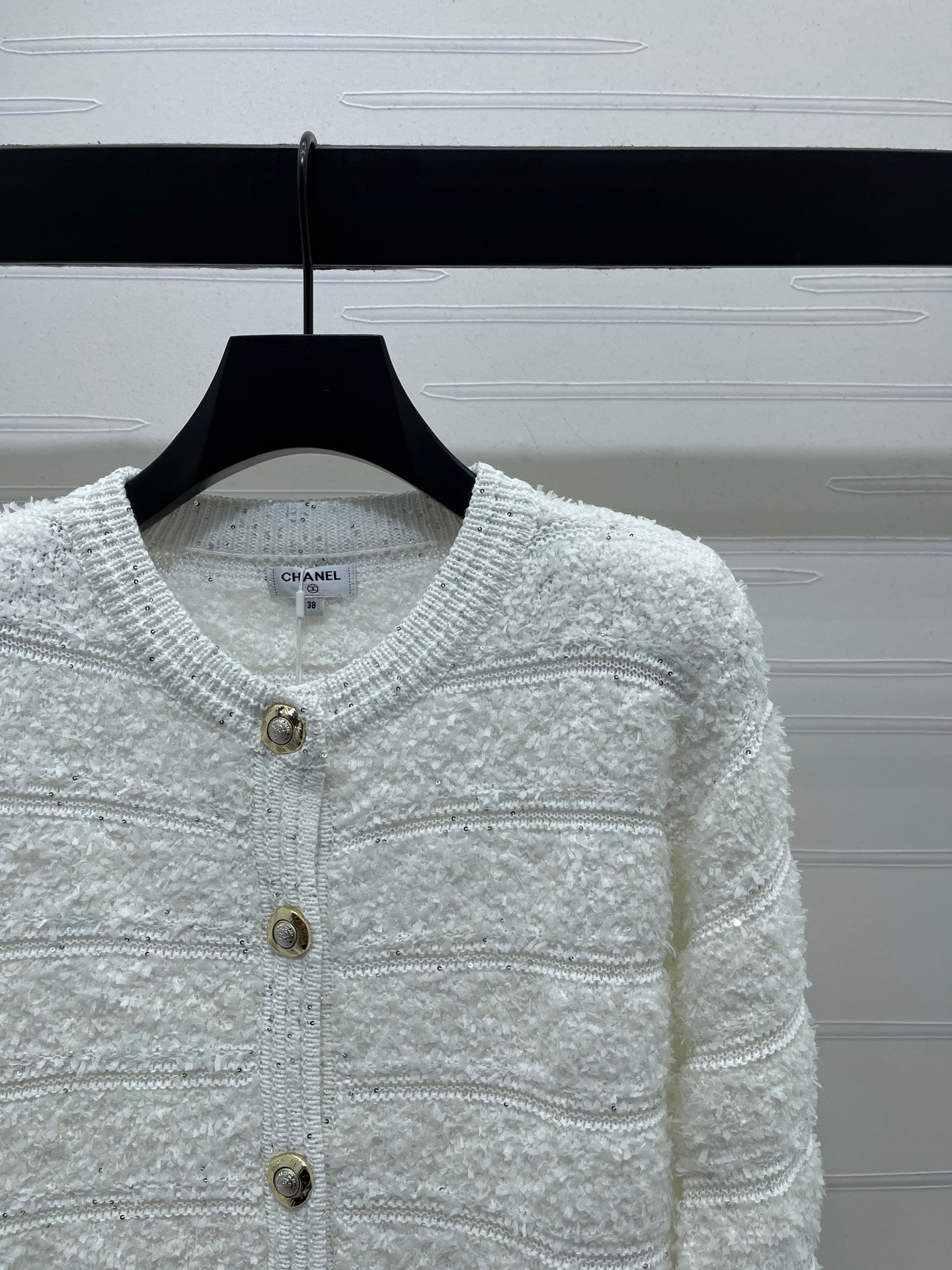 Chanel 2026 Striped Sequined Long-Sleeve Cardigan White Wool