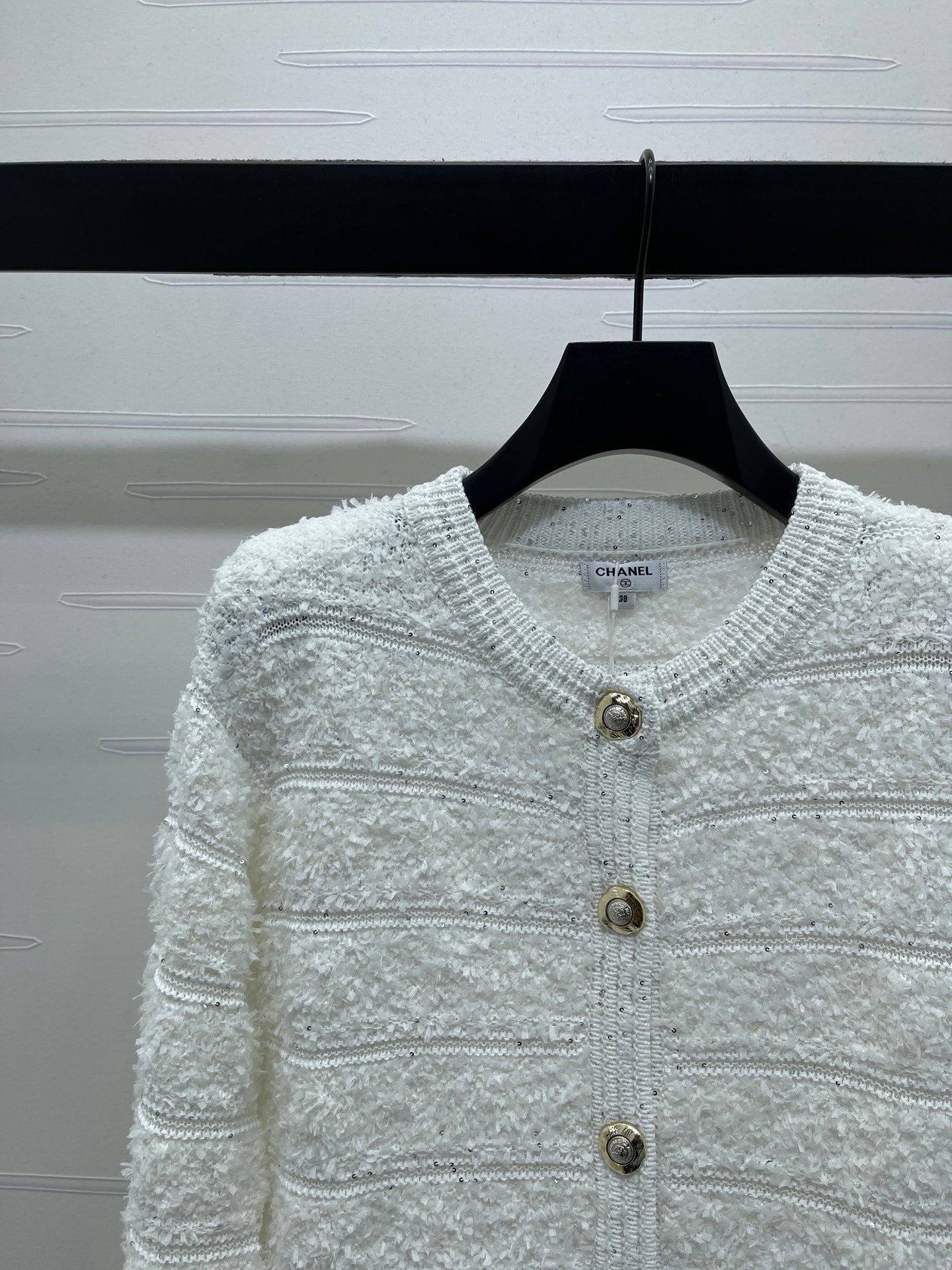 Chanel 2026 Striped Sequined Long-Sleeve Cardigan White Wool