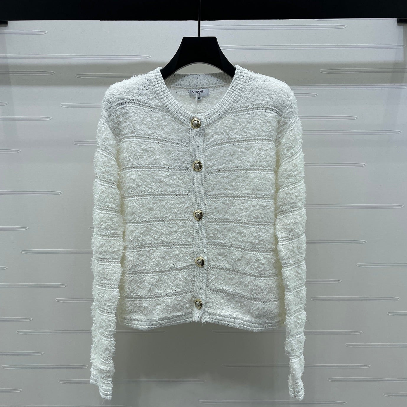 Chanel 2026 Striped Sequined Long-Sleeve Cardigan White Wool
