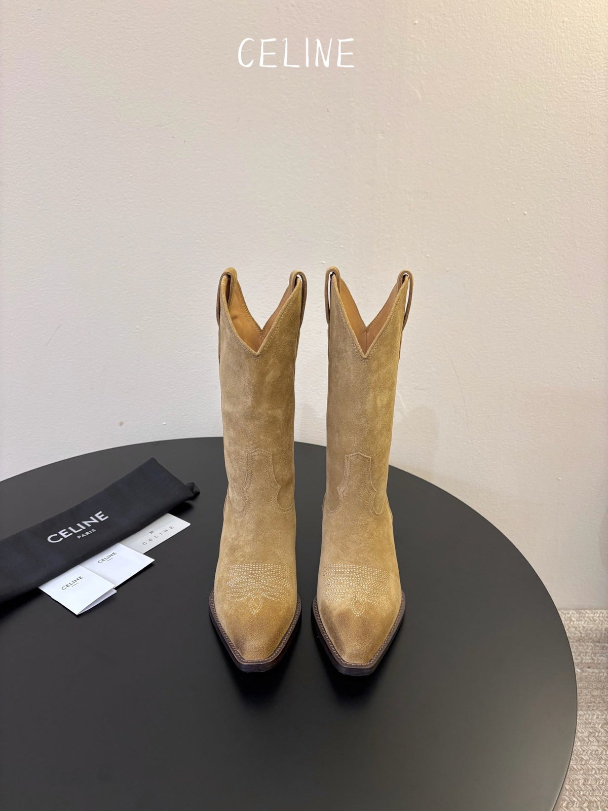 Celine 2026 Western Mid-Calf Cowboy Boots 50mm Suede Calfskin 104857
