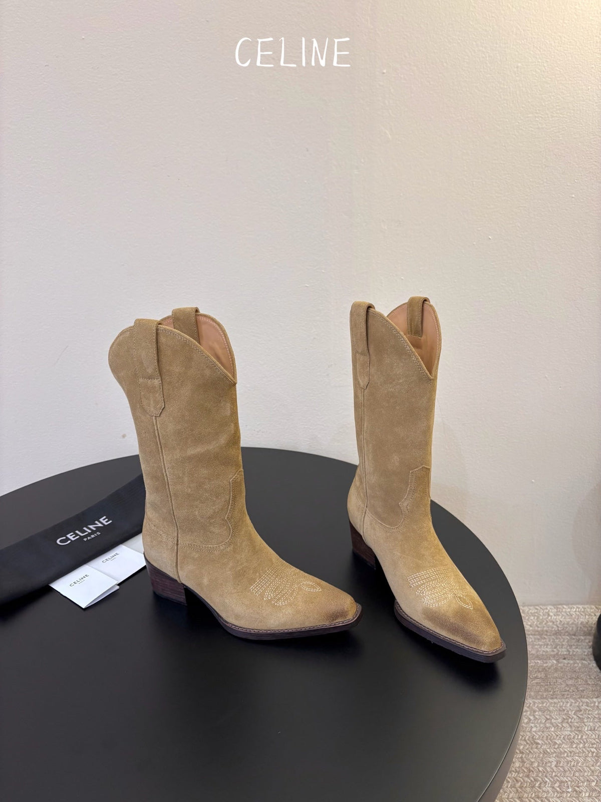 Celine 2026 Western Mid-Calf Cowboy Boots 50mm Suede Calfskin 104857