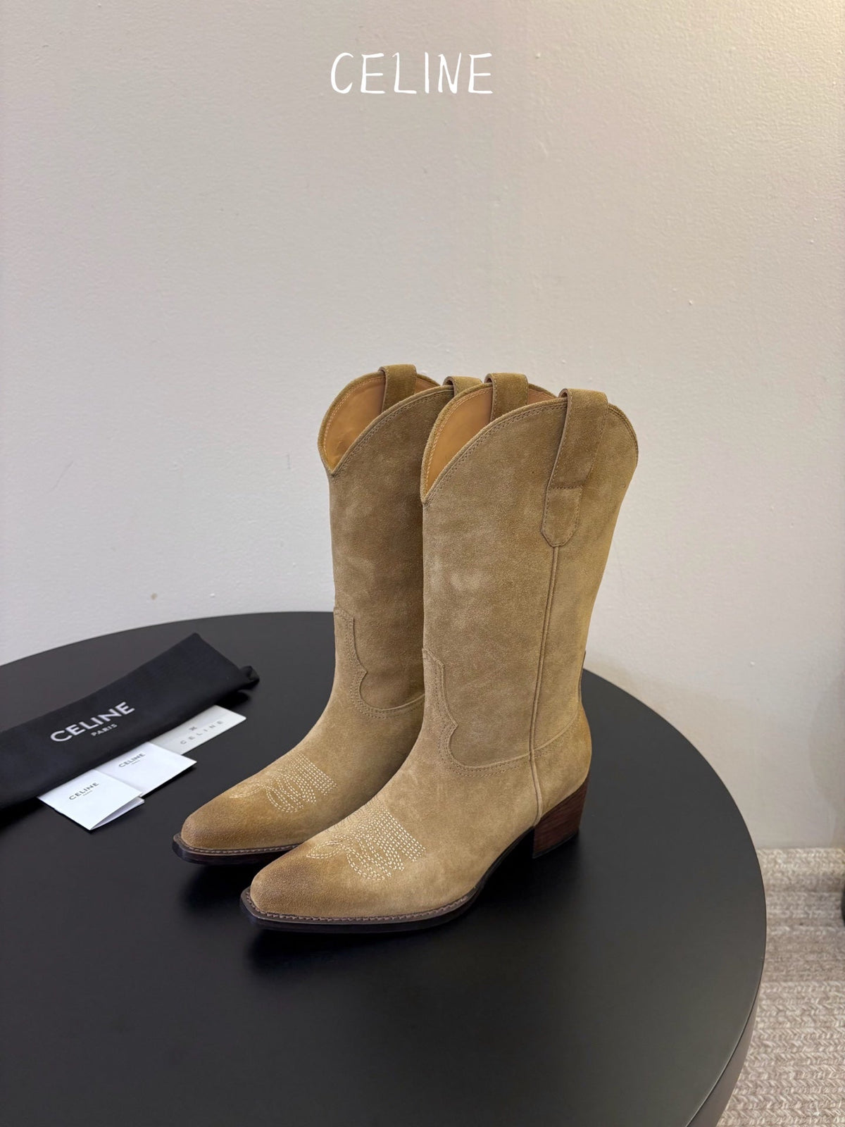Celine 2026 Western Mid-Calf Cowboy Boots 50mm Suede Calfskin 104857