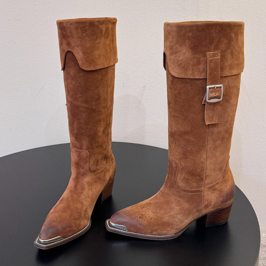 Celine 2026 Buckle Strap Knee-High Boots Cowhide Suede 104476