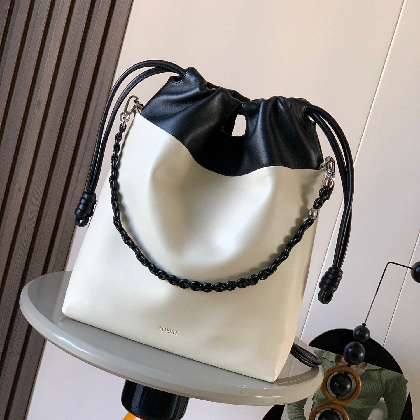 Loewe Flamenco Purse Tote Bag 38 White Black Lambskin 274696