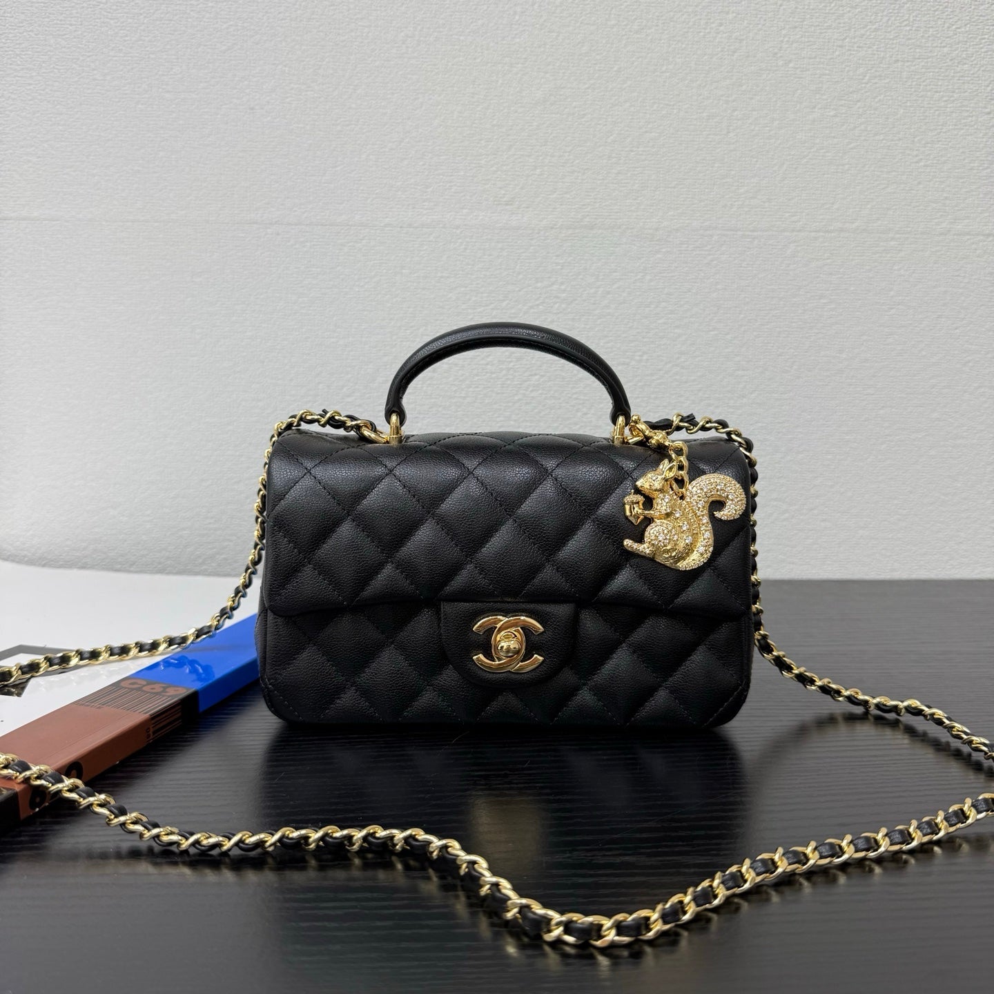 Chanel 2026 Top Handle Flap Bag 20cm with Squirrel Charm Black Calfskin