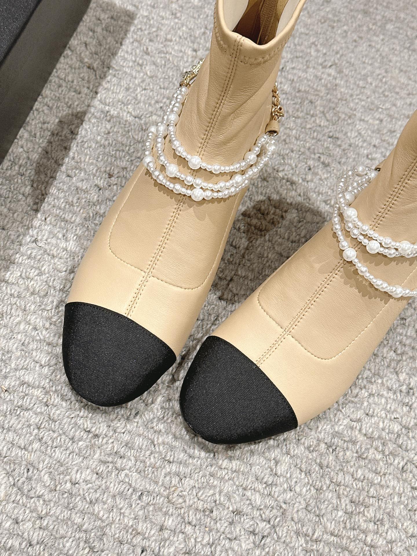 CC LOW CUT BOOTS IN SEPIA BEIGE STRETCH LAMBSKIN AND GROSGRAIN WITH PEARL CHAIN