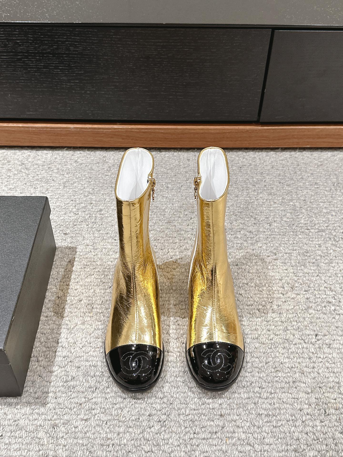 CC Short Boot Gold Metalic Lambskin Black Patent Calfskin