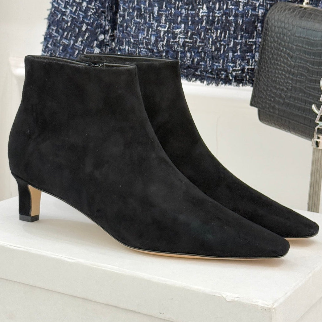 The Row 2025 Square Toe Kitten Heel Ankle Boot Black Suede 572051