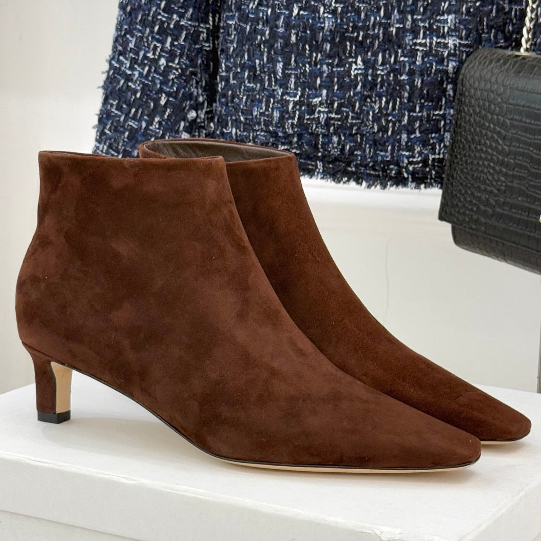 The Row 2025 Square Toe Kitten Heel Ankle Boot Brown Suede 572052