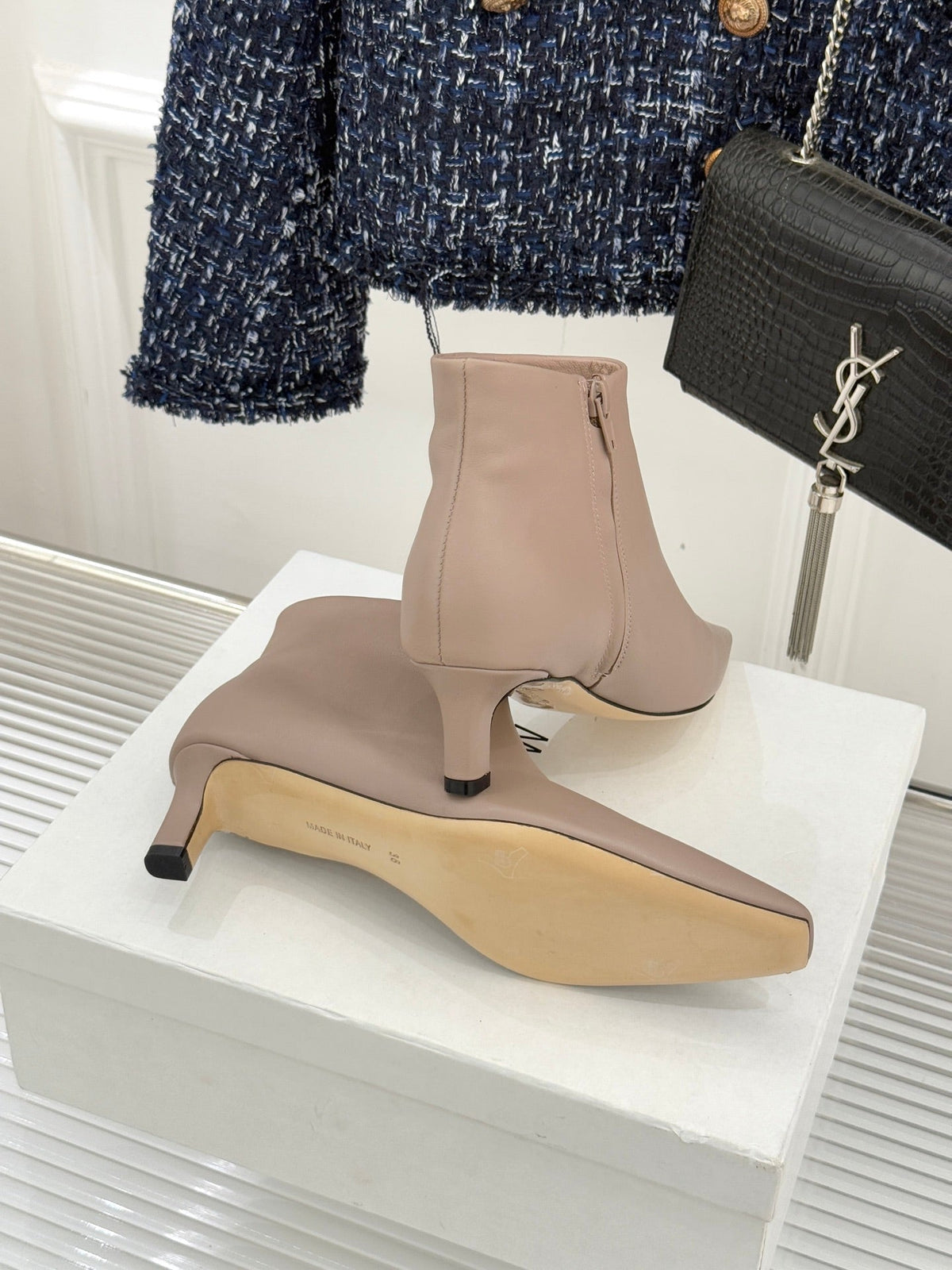 The Row 2025  Square Toe Kitten Heel Ankle Boot Nude Sheepskin 572049