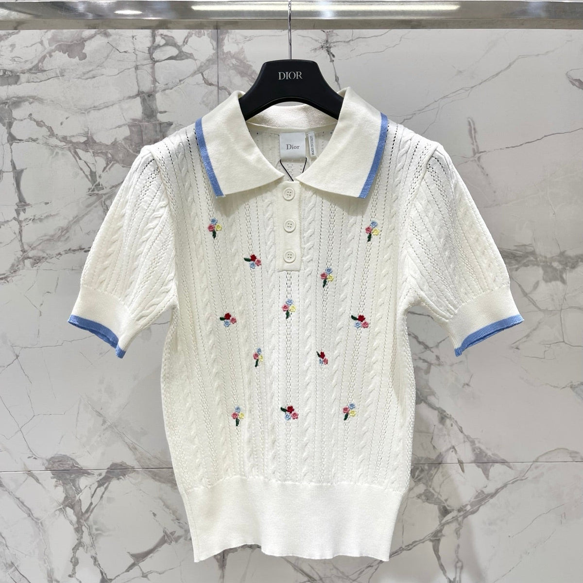 Dior 2026 Floral Collared Short-sleeved Knit Top White Wool 714726