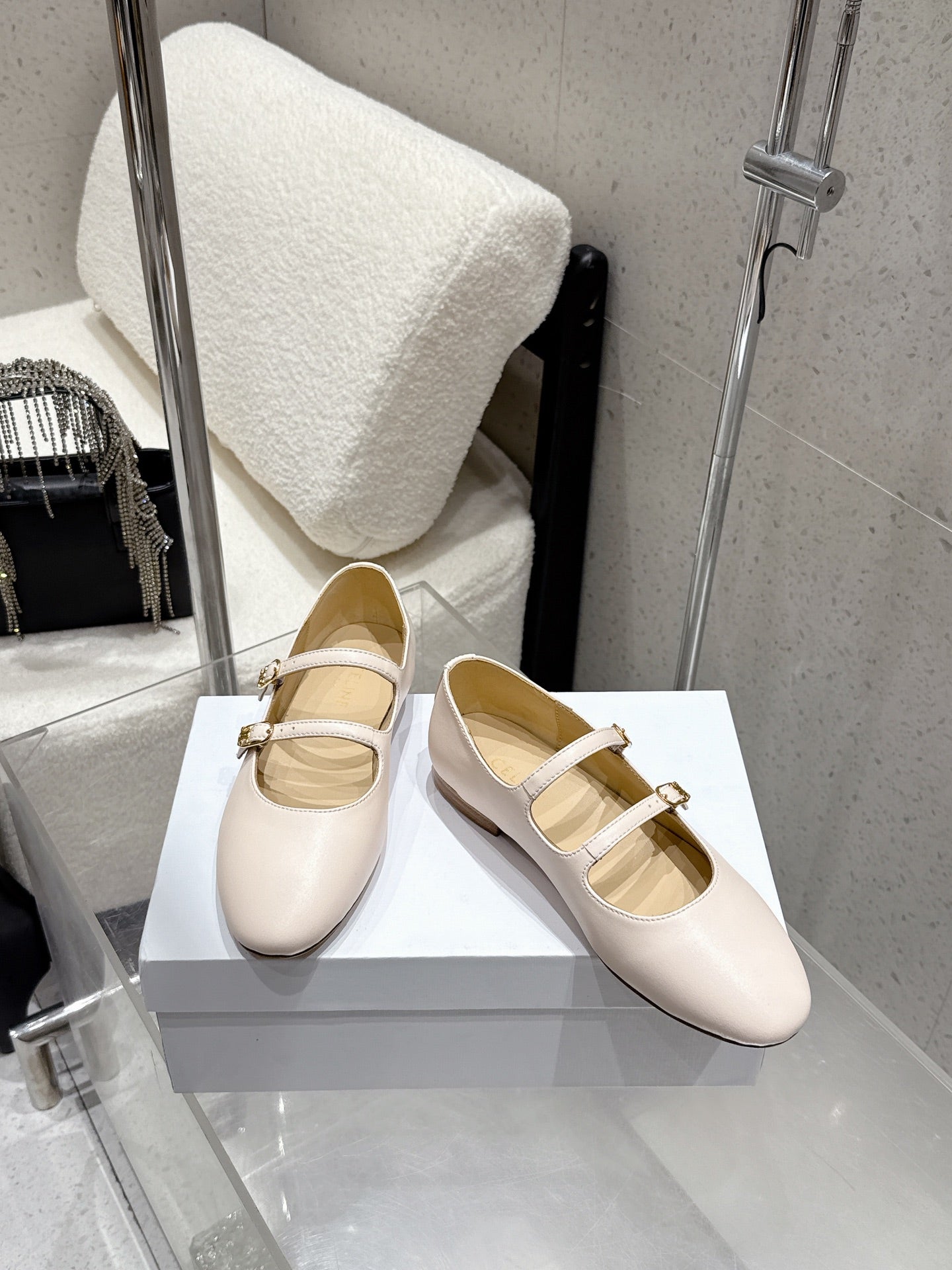 Celine 26 Ballet Flats Light Beige Cowhide 608055