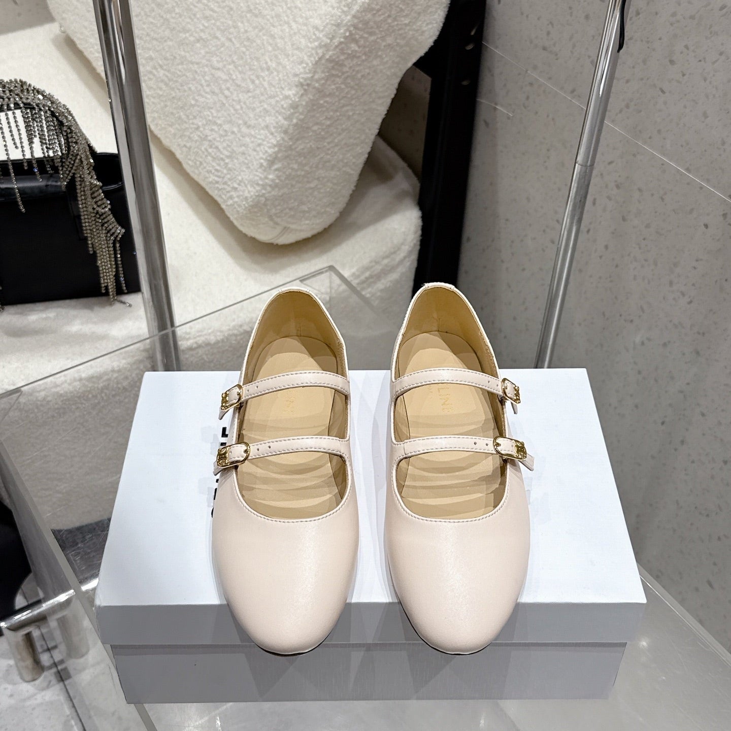 Celine 26 Ballet Flats Light Beige Cowhide 608055
