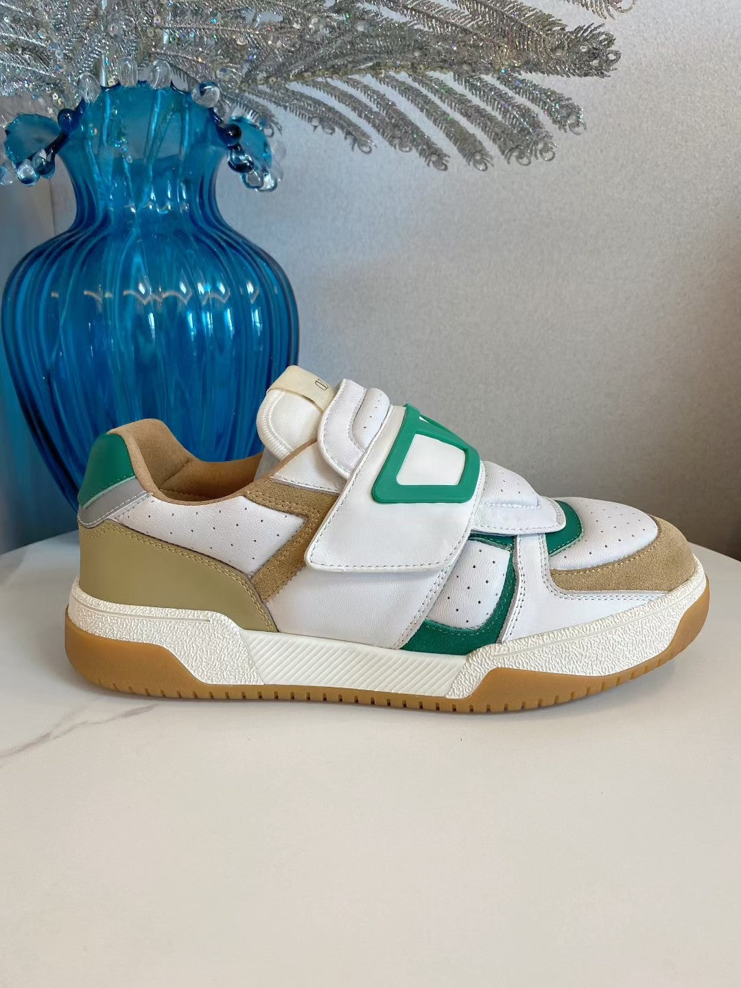 VT 25S Couple Sneakers White Tan Green Calfskin Suede 563100